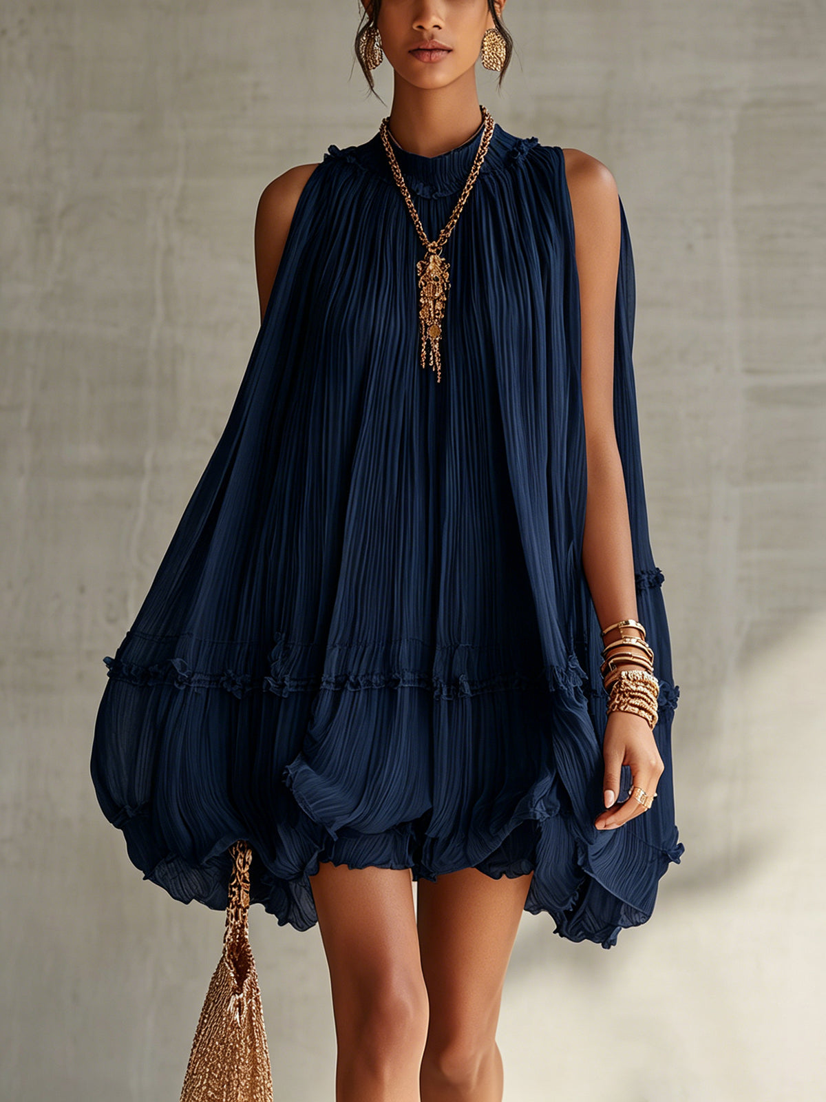 Pleated Mock Neck Sleeveless Bubble Hem Mini Dress