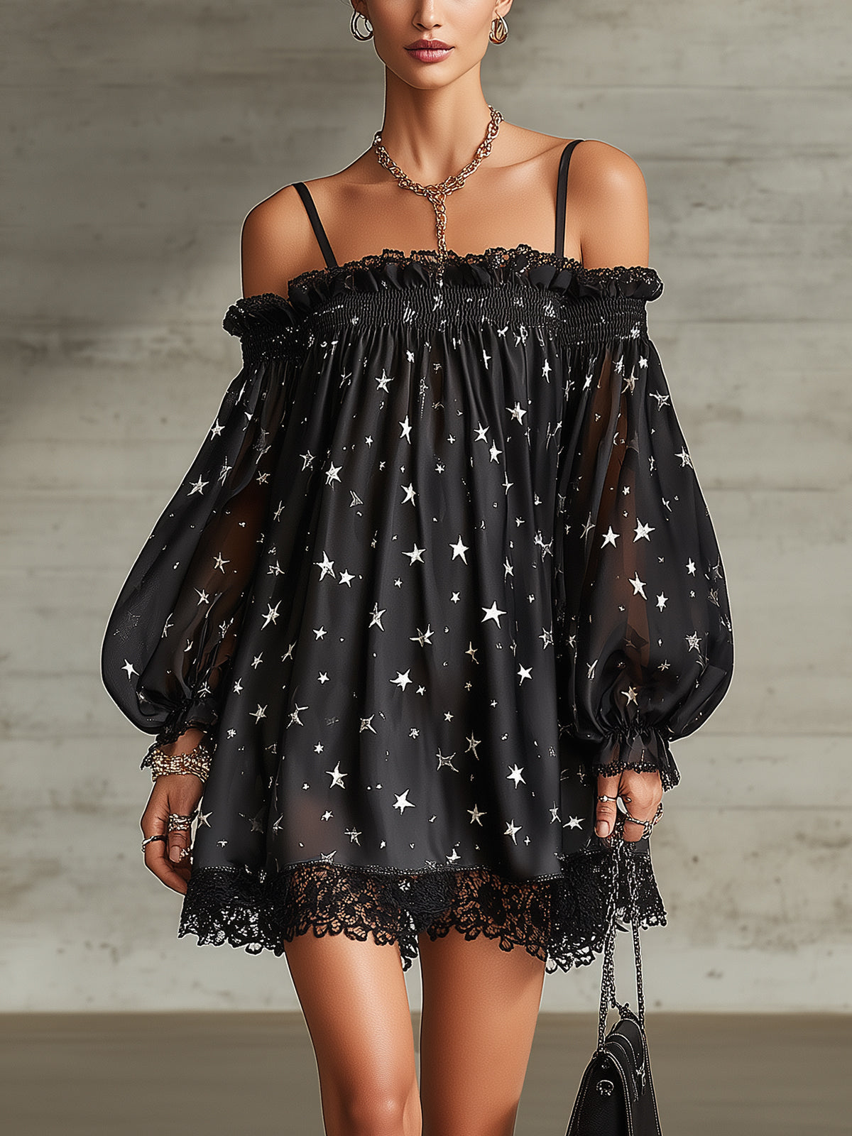 Black Off-the-shoulder Star-print Lace-trimmed Mini Dress