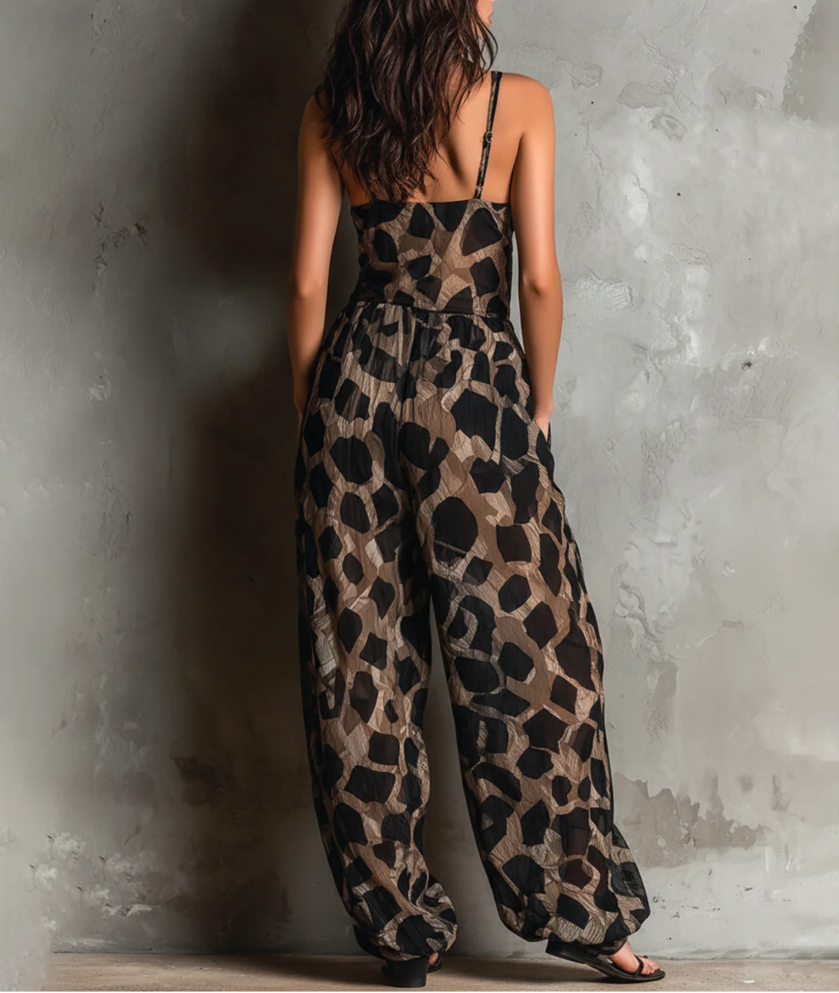 Animal Print Deep V-Neck Halter Wide Leg Jumpsuit