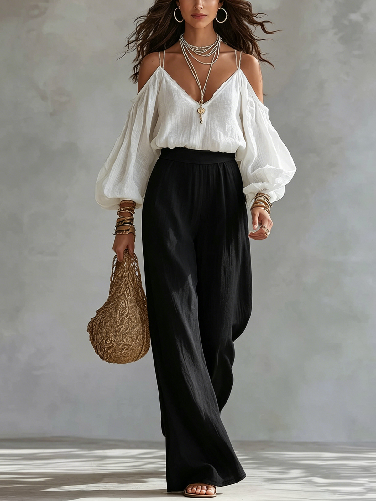 White Strapless Top and Black Wide-Leg Pants Set