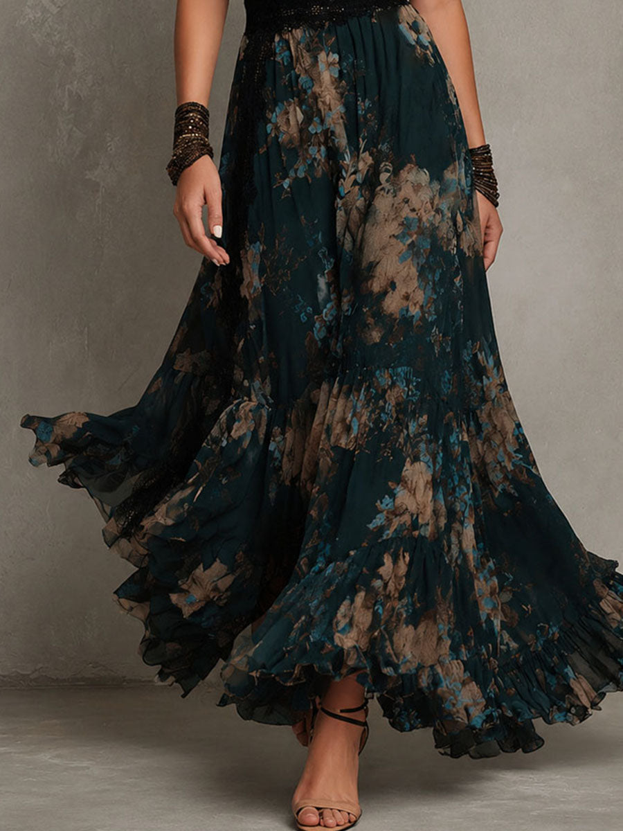 Deep V-Neck Lace Trim Cap Sleeve Floral Chiffon Ruffle Maxi Dress