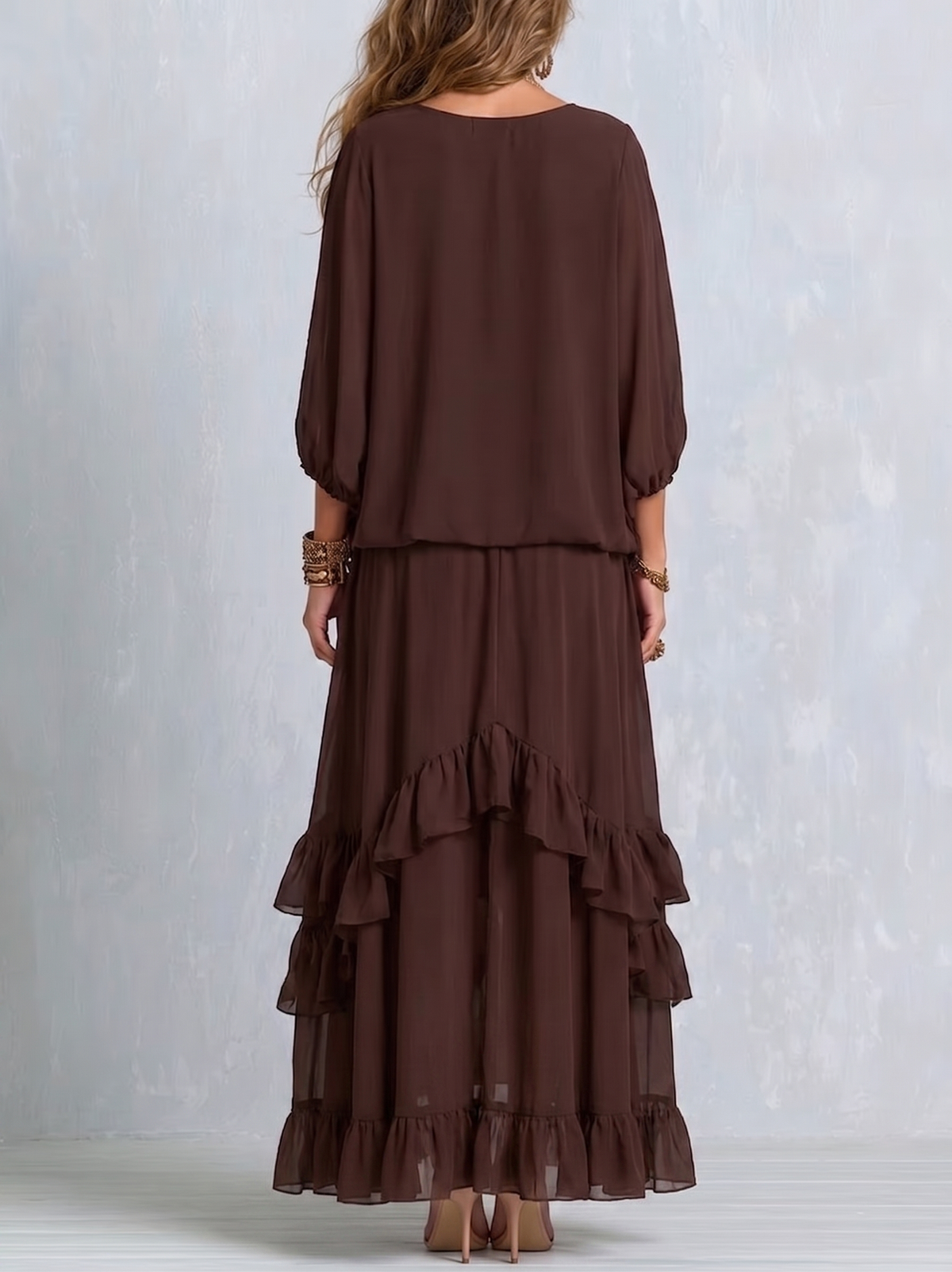 V-Neck Tassel Tie Top and Tiered Ruffle Maxi Skirt Two Piece Set