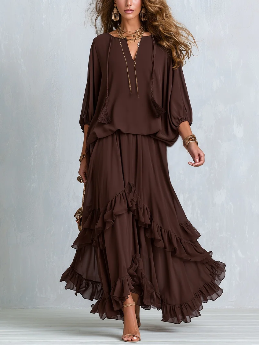 V-Neck Tassel Tie Top and Tiered Ruffle Maxi Skirt Two Piece Set