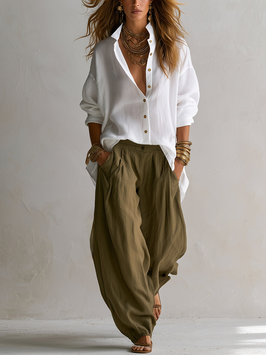 Loose-Fitting White Shirt and Green Wide-Leg Lantern Pants