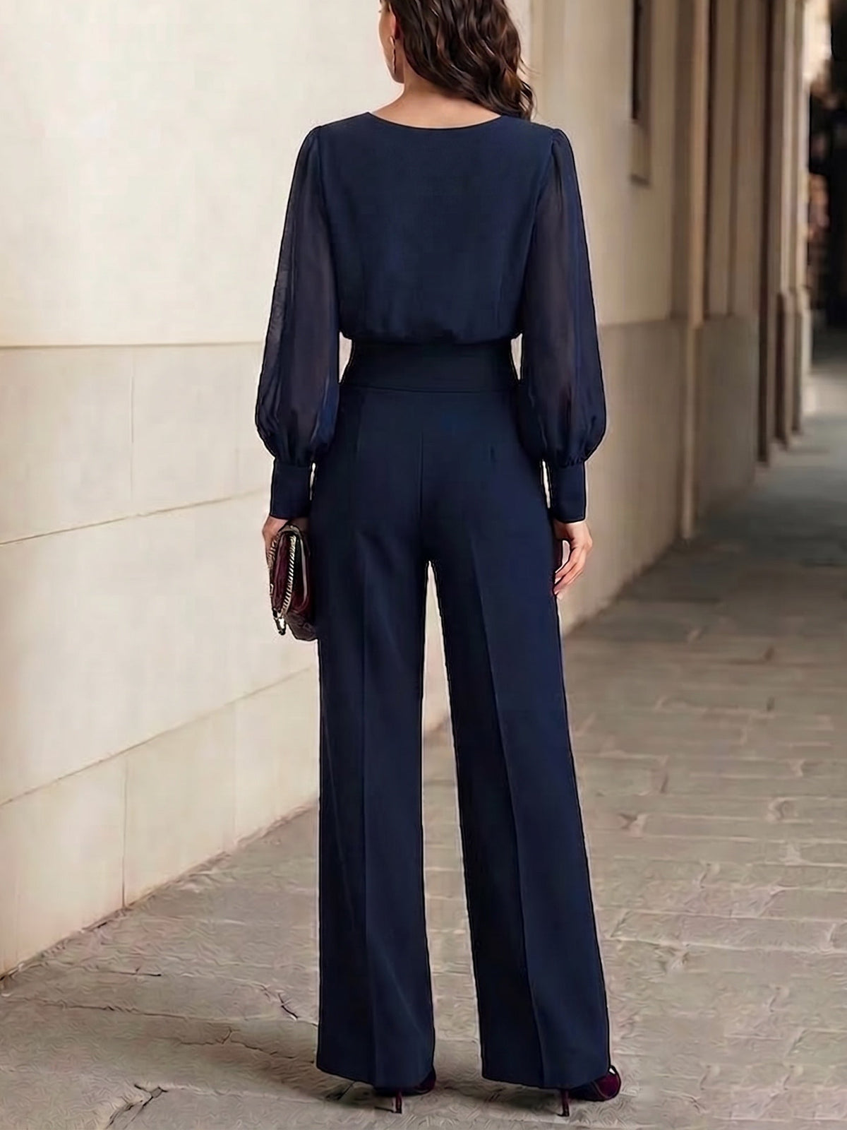 Ruffled Chiffon Top And Wide-leg Pants Set