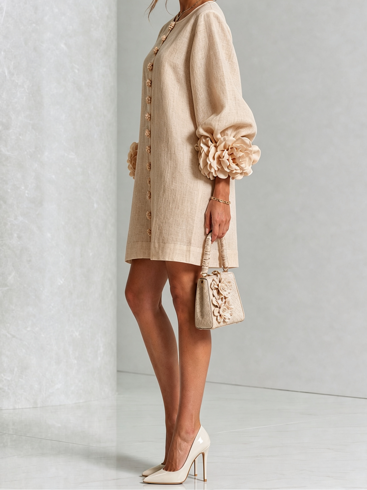Round Neck Floral Applique Sleeve Button Front Linen Look Mini Dress