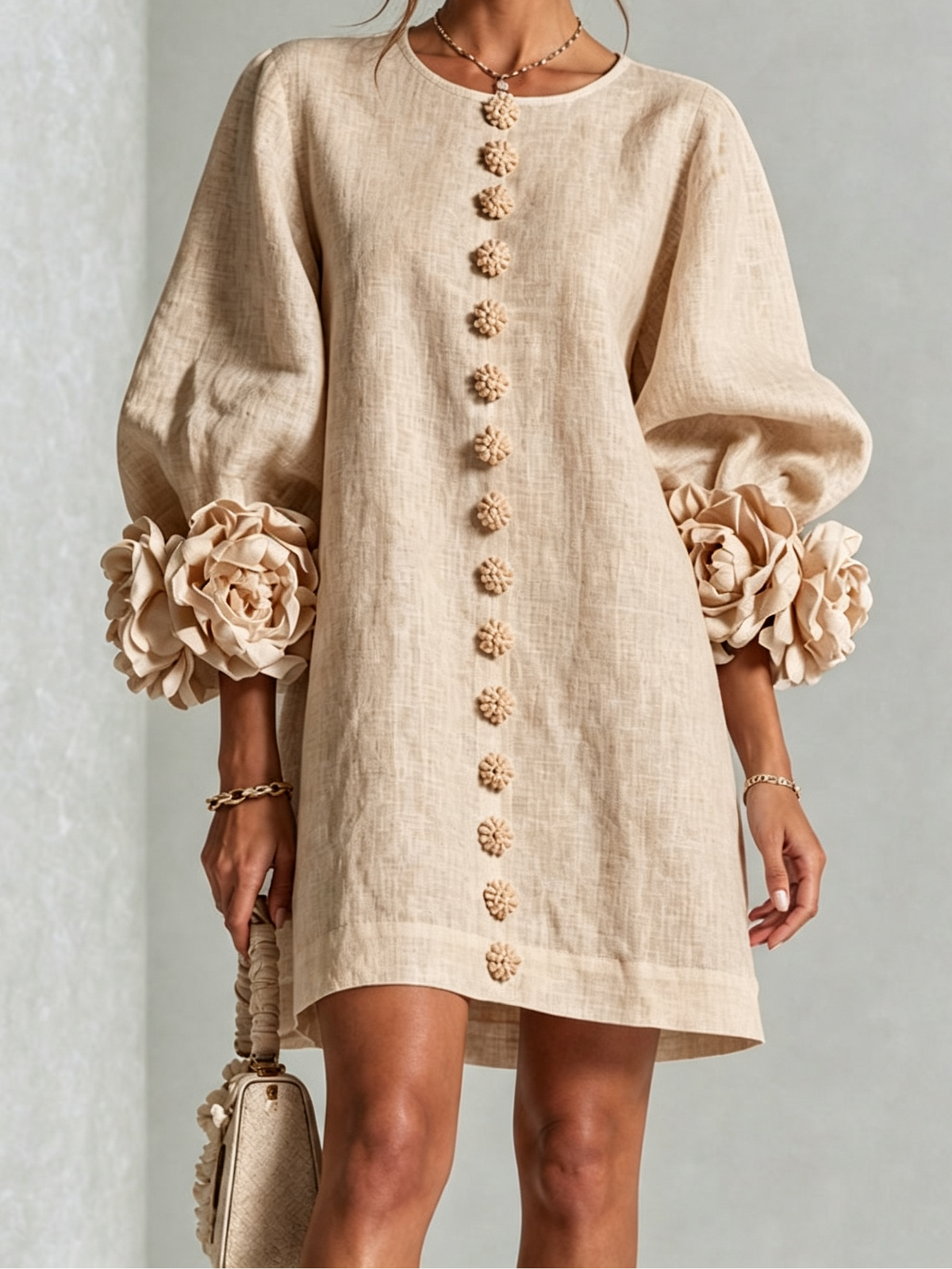 Round Neck Floral Applique Sleeve Button Front Linen Look Mini Dress