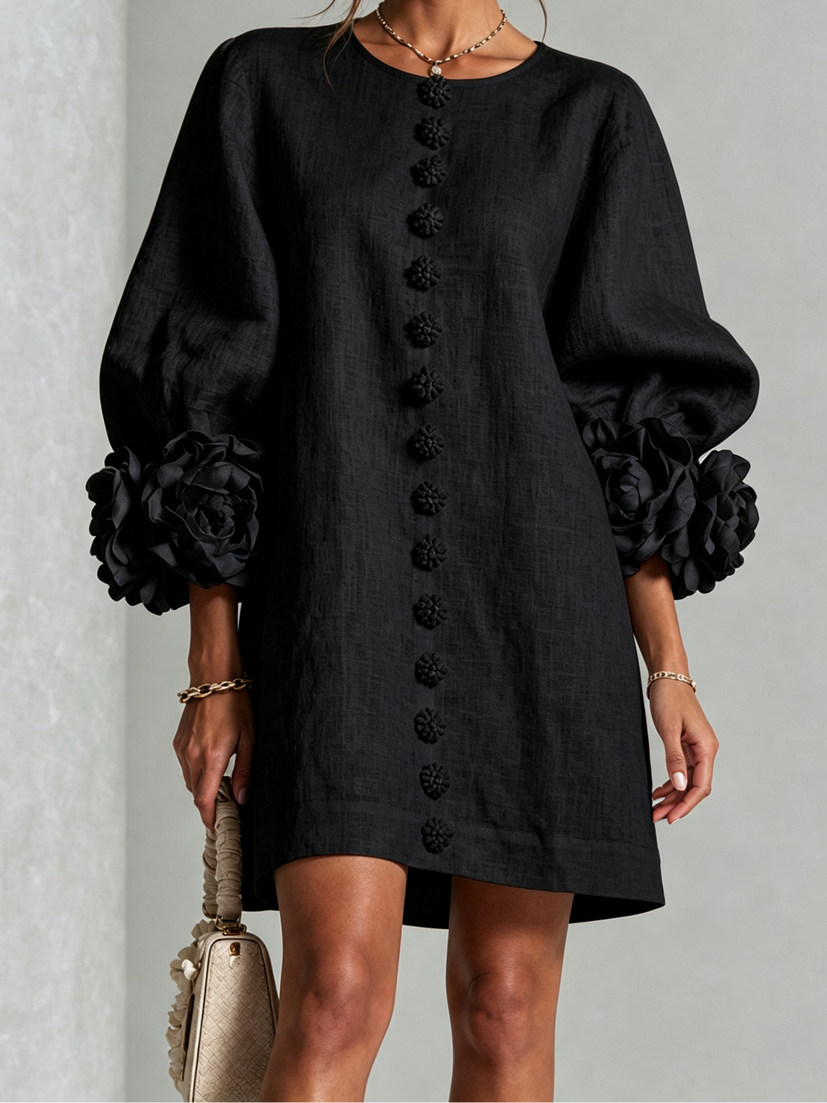 Round Neck Floral Applique Sleeve Button Front Linen Look Mini Dress
