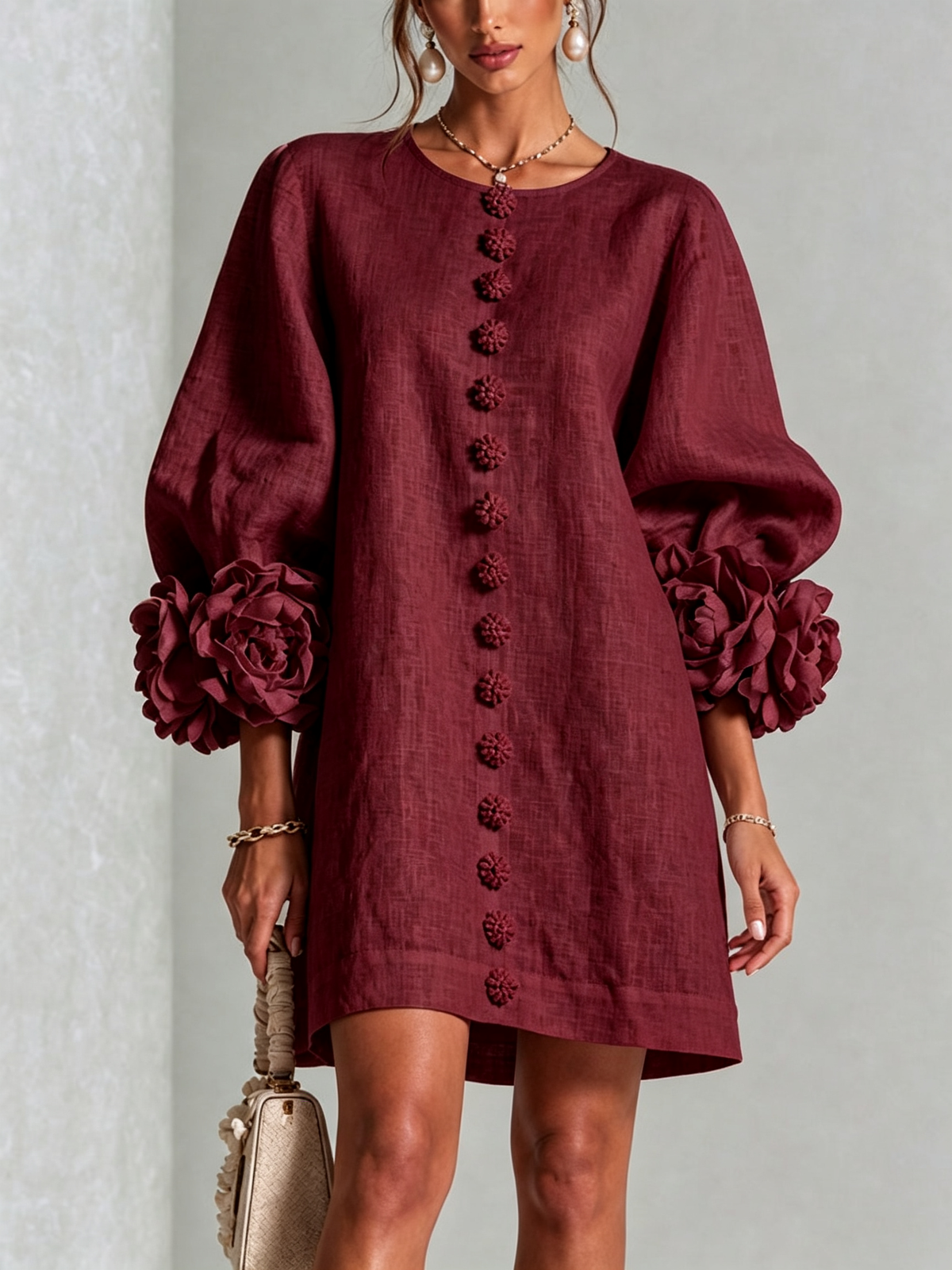 Floral Applique Puff Sleeve Button Front Linen Mini Dress