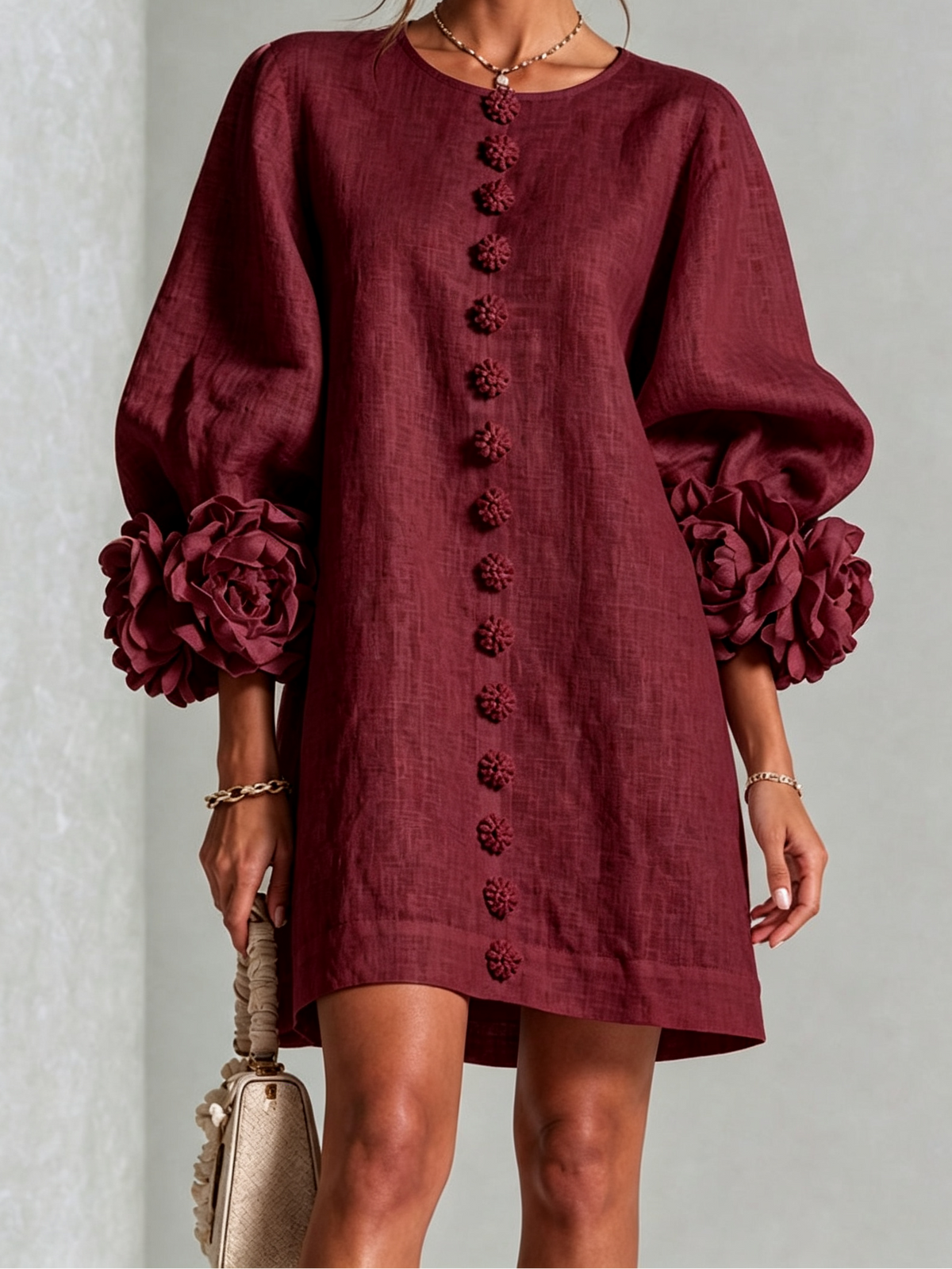 Round Neck Floral Applique Sleeve Button Front Linen Look Mini Dress