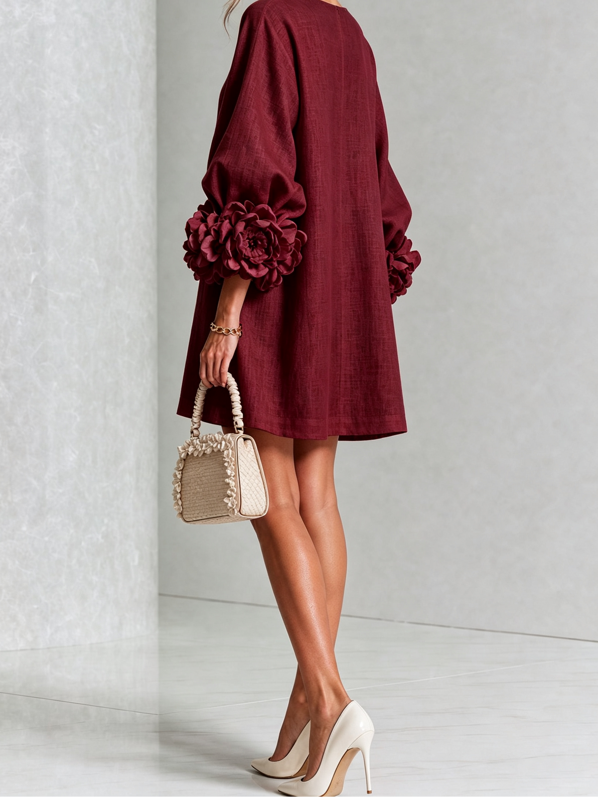 Round Neck Floral Applique Sleeve Button Front Linen Look Mini Dress
