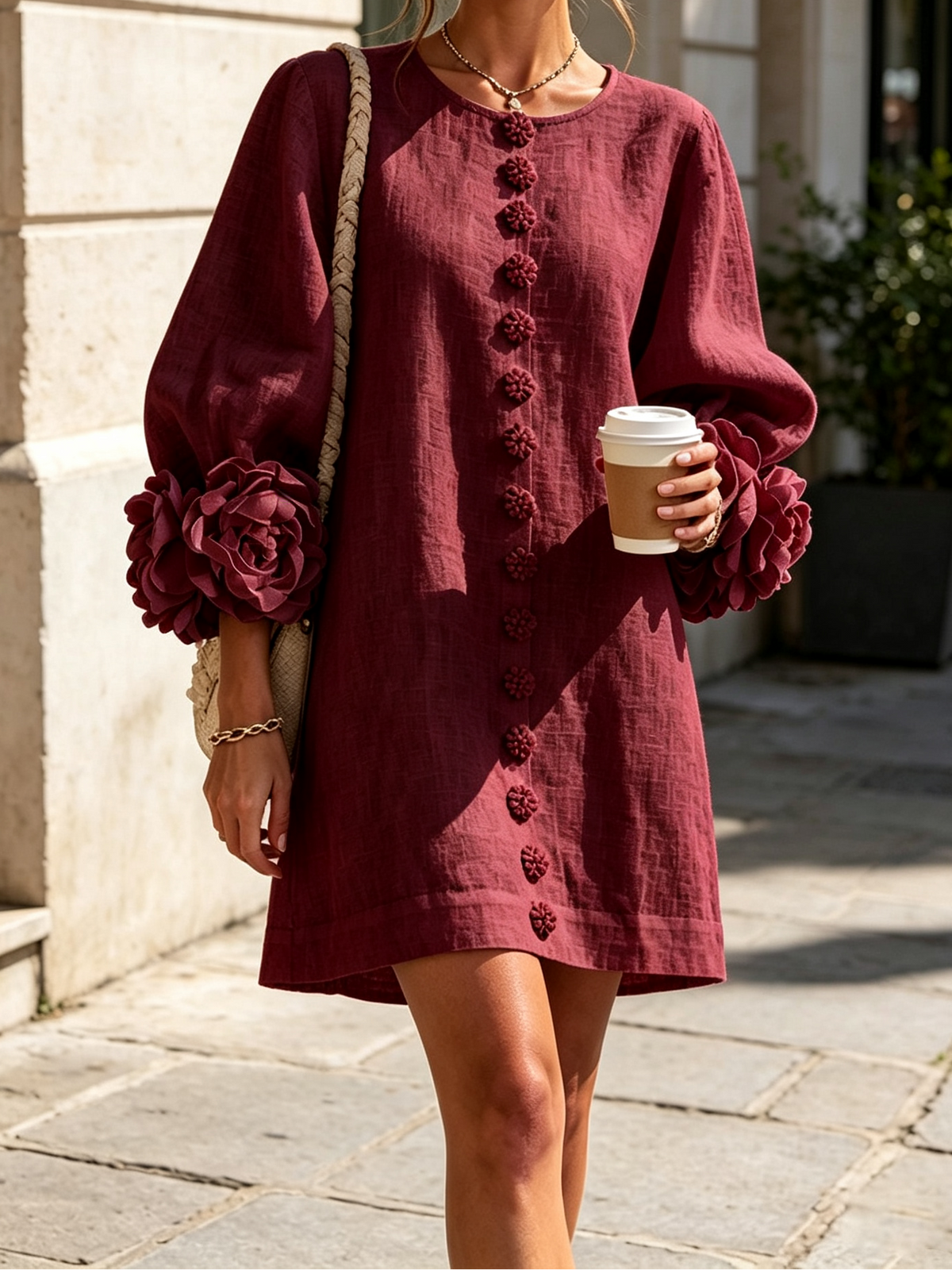 Round Neck Floral Applique Sleeve Button Front Linen Look Mini Dress
