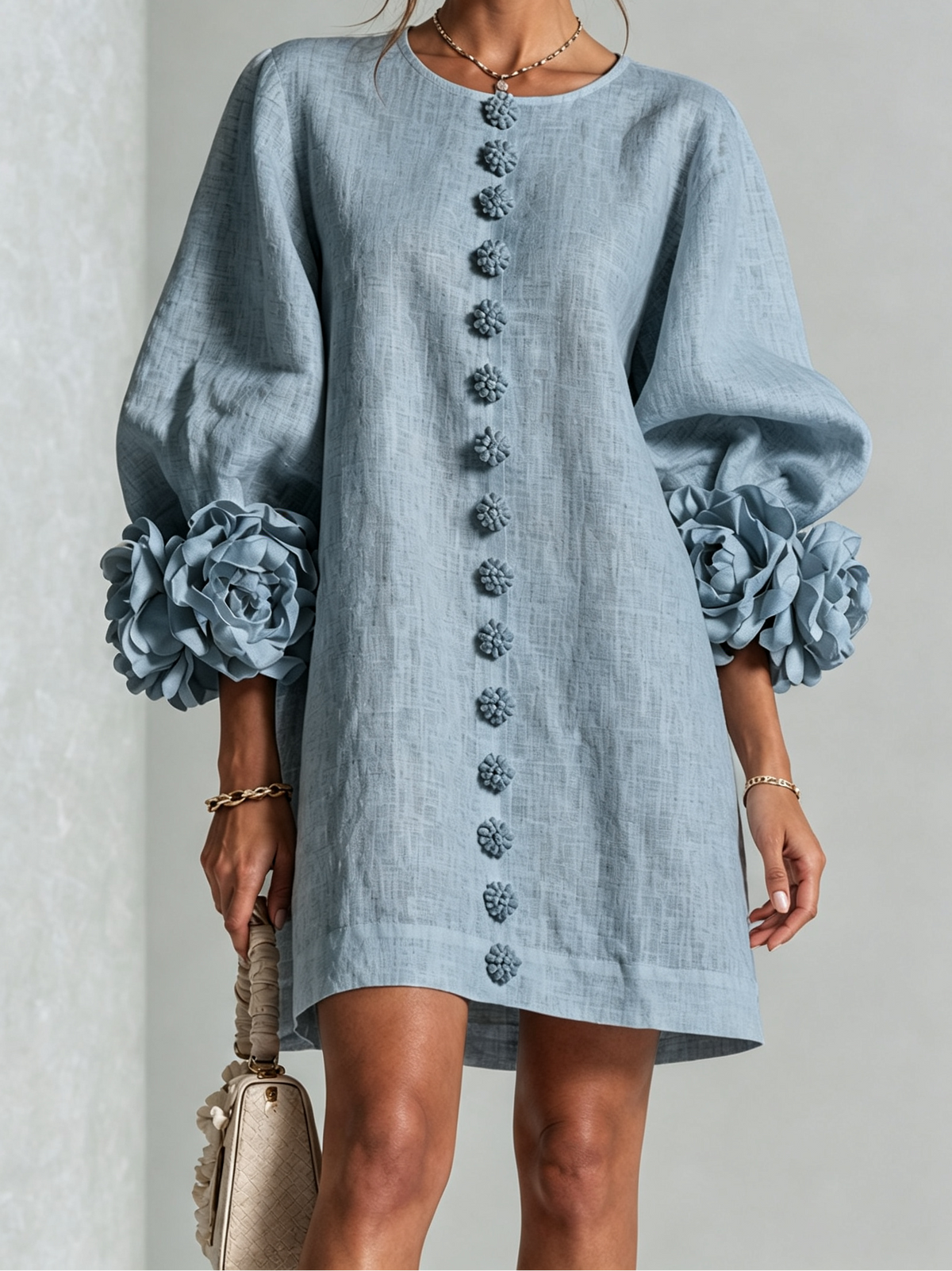 Round Neck Floral Applique Sleeve Button Front Linen Look Mini Dress