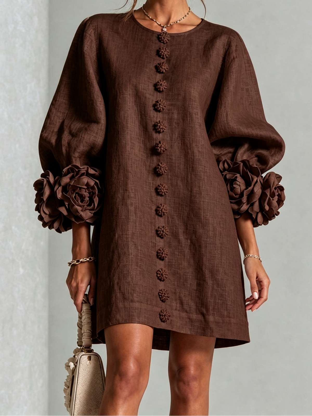 Round Neck Floral Applique Sleeve Button Front Linen Look Mini Dress