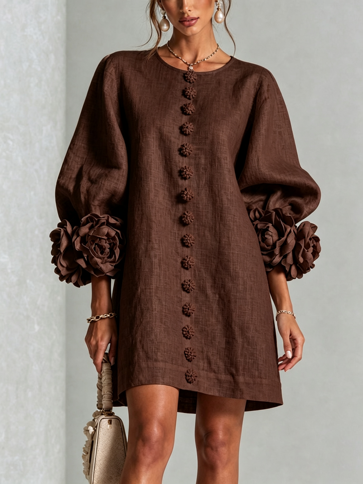 Floral Applique Puff Sleeve Button Front Linen Mini Dress