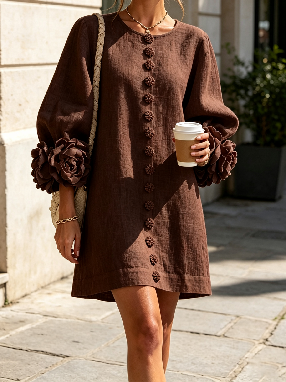 Round Neck Floral Applique Sleeve Button Front Linen Look Mini Dress