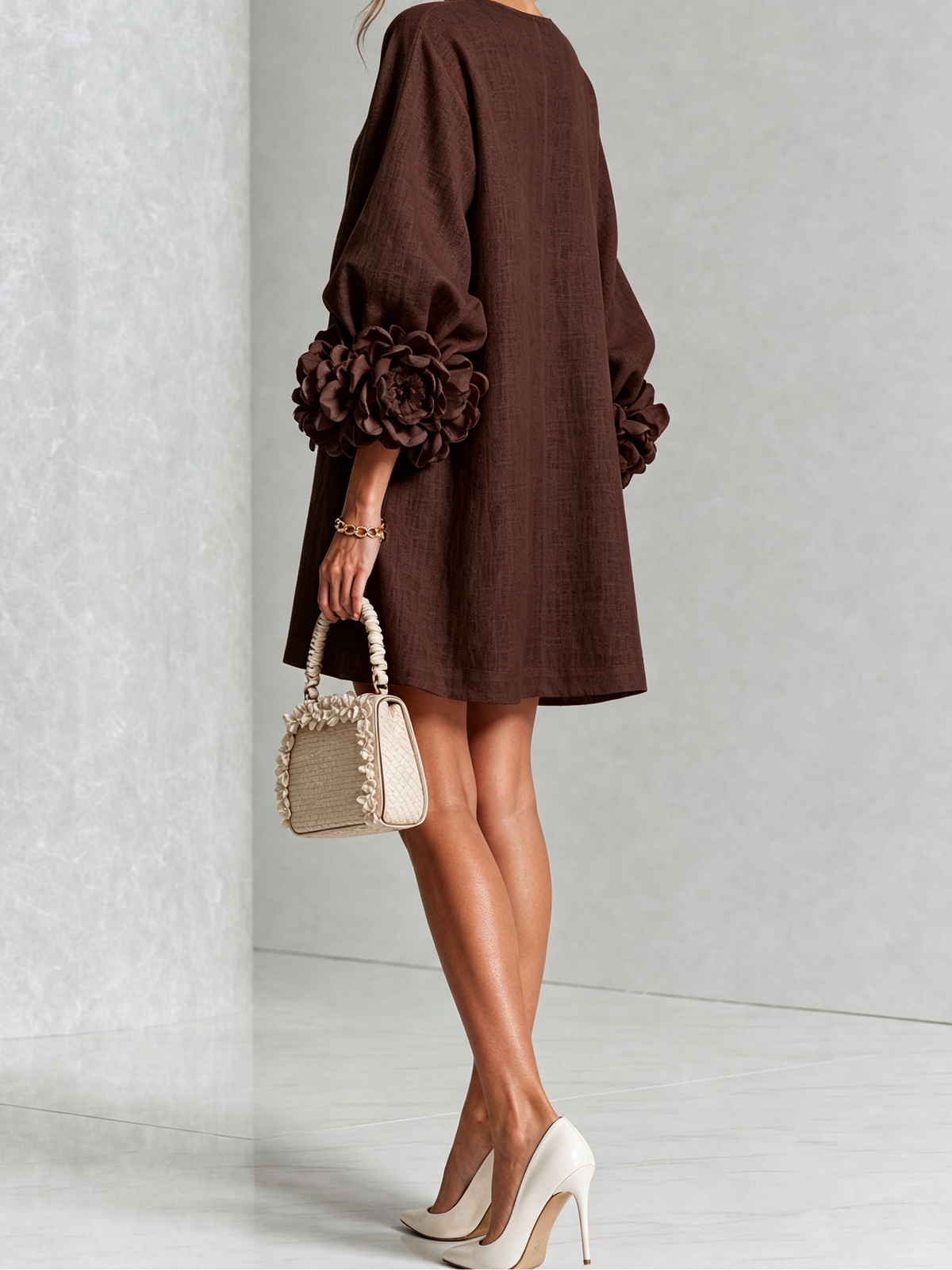 Round Neck Floral Applique Sleeve Button Front Linen Look Mini Dress