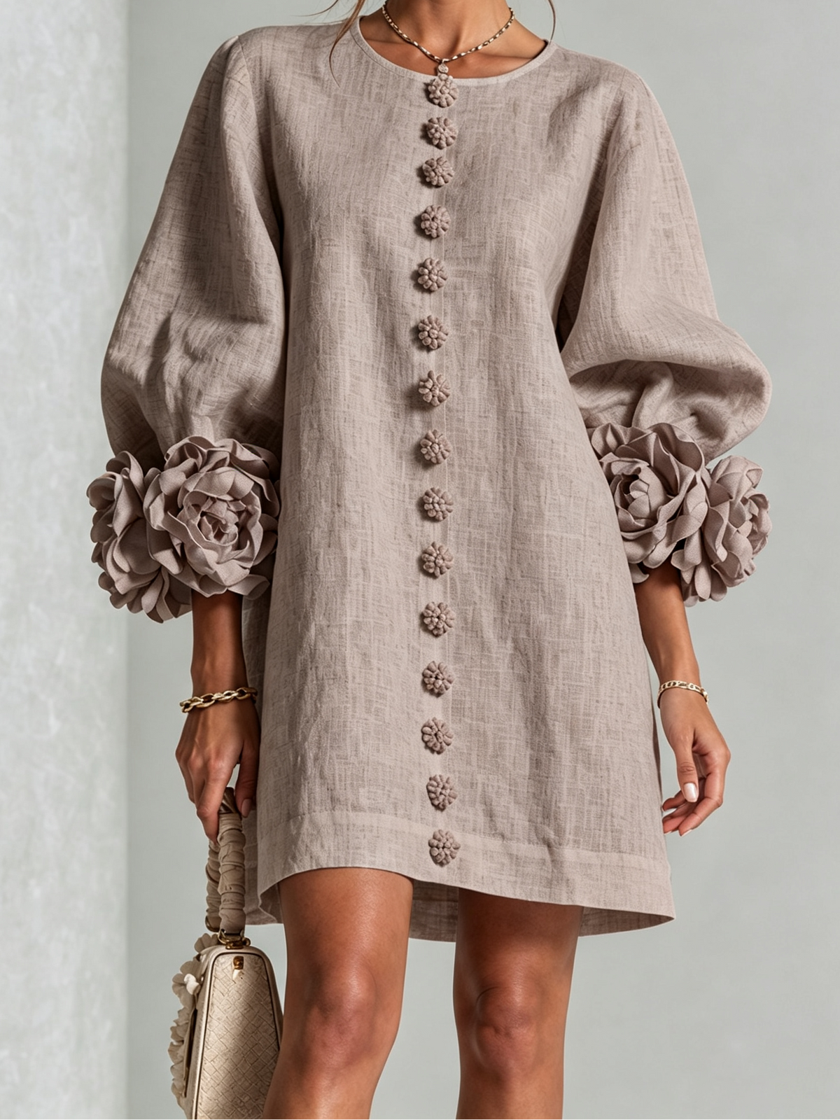 Round Neck Floral Applique Sleeve Button Front Linen Look Mini Dress