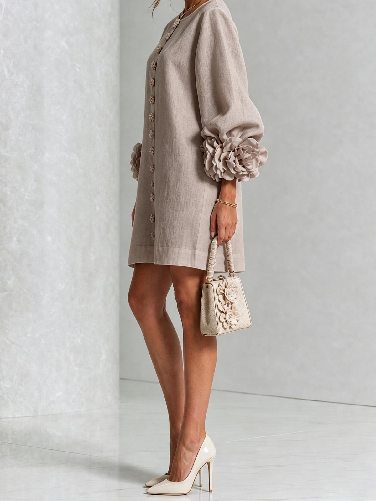 Round Neck Floral Applique Sleeve Button Front Linen Look Mini Dress