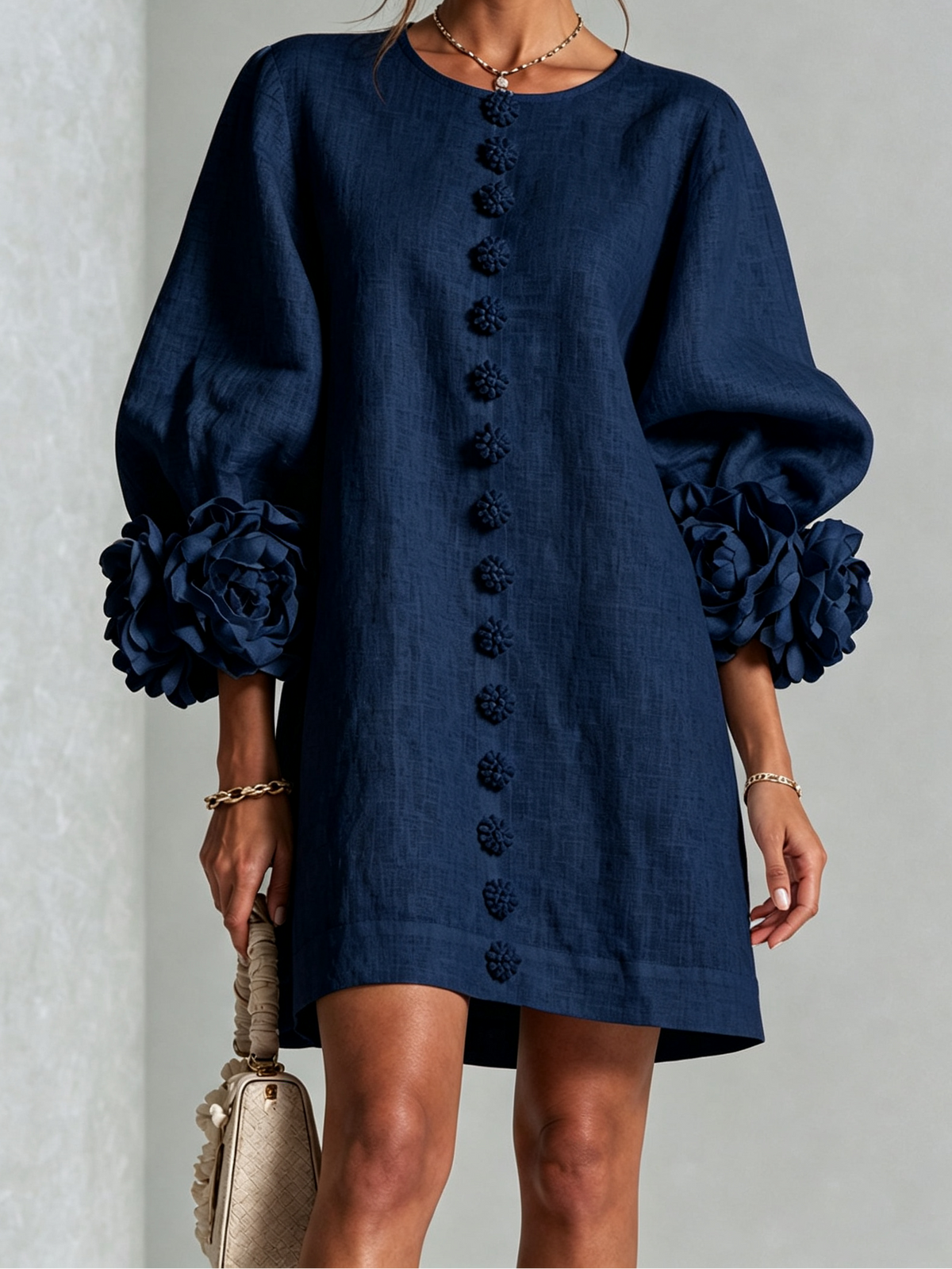 Round Neck Floral Applique Sleeve Button Front Linen Look Mini Dress