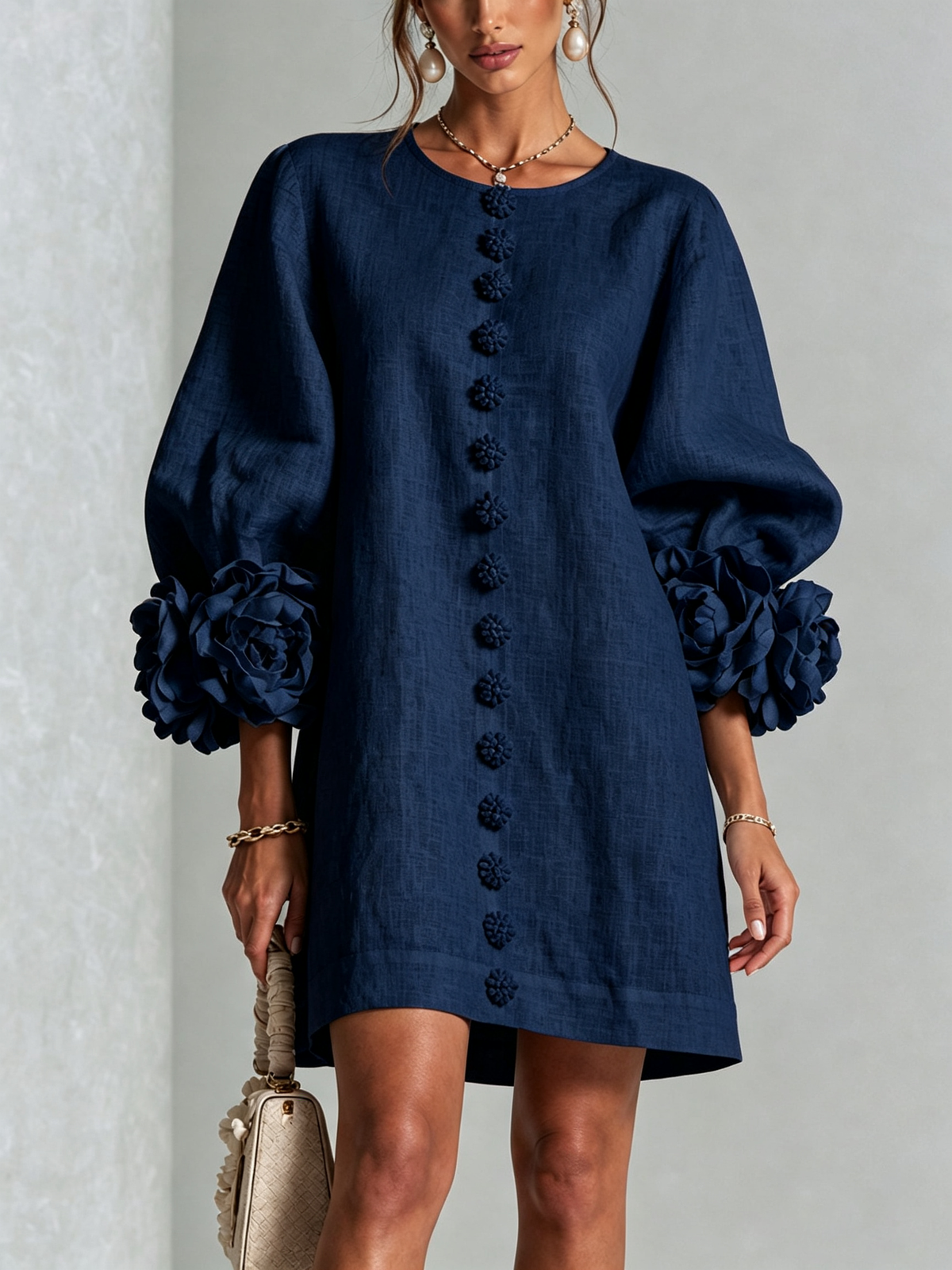 Floral Applique Puff Sleeve Button Front Linen Mini Dress