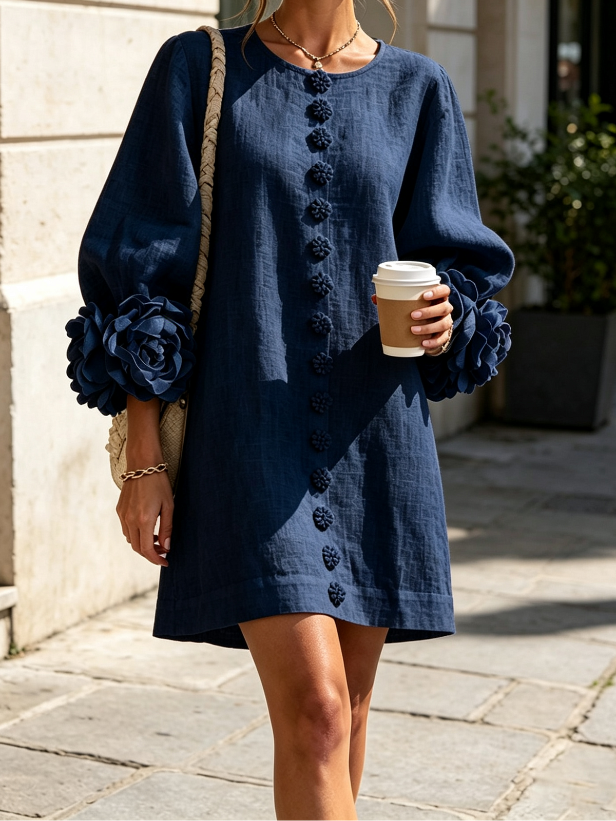 Round Neck Floral Applique Sleeve Button Front Linen Look Mini Dress