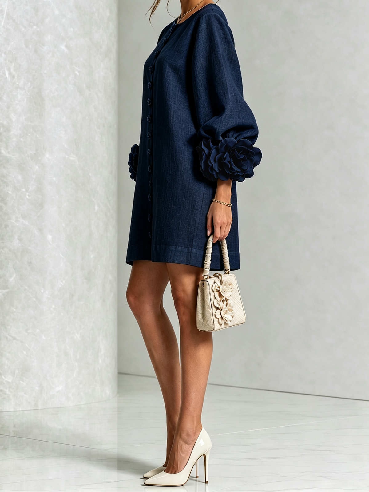 Round Neck Floral Applique Sleeve Button Front Linen Look Mini Dress