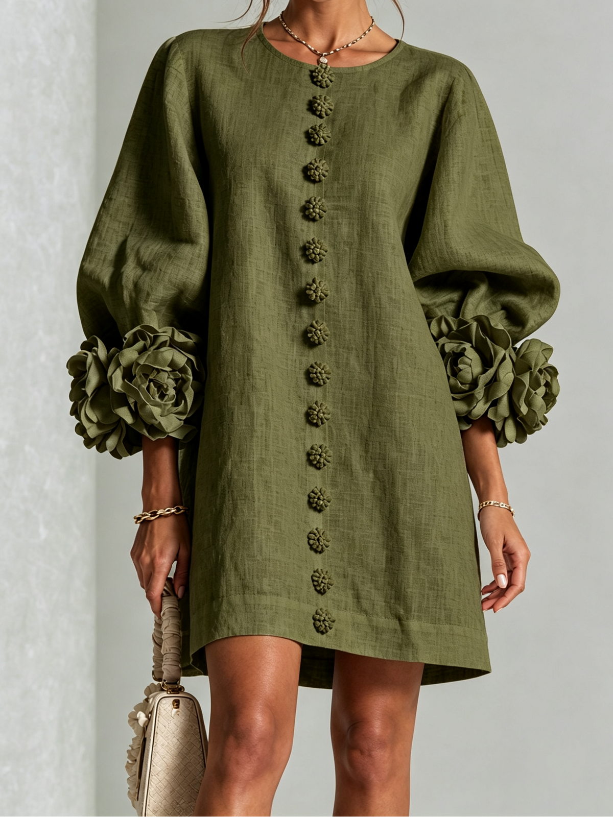 Round Neck Floral Applique Sleeve Button Front Linen Look Mini Dress