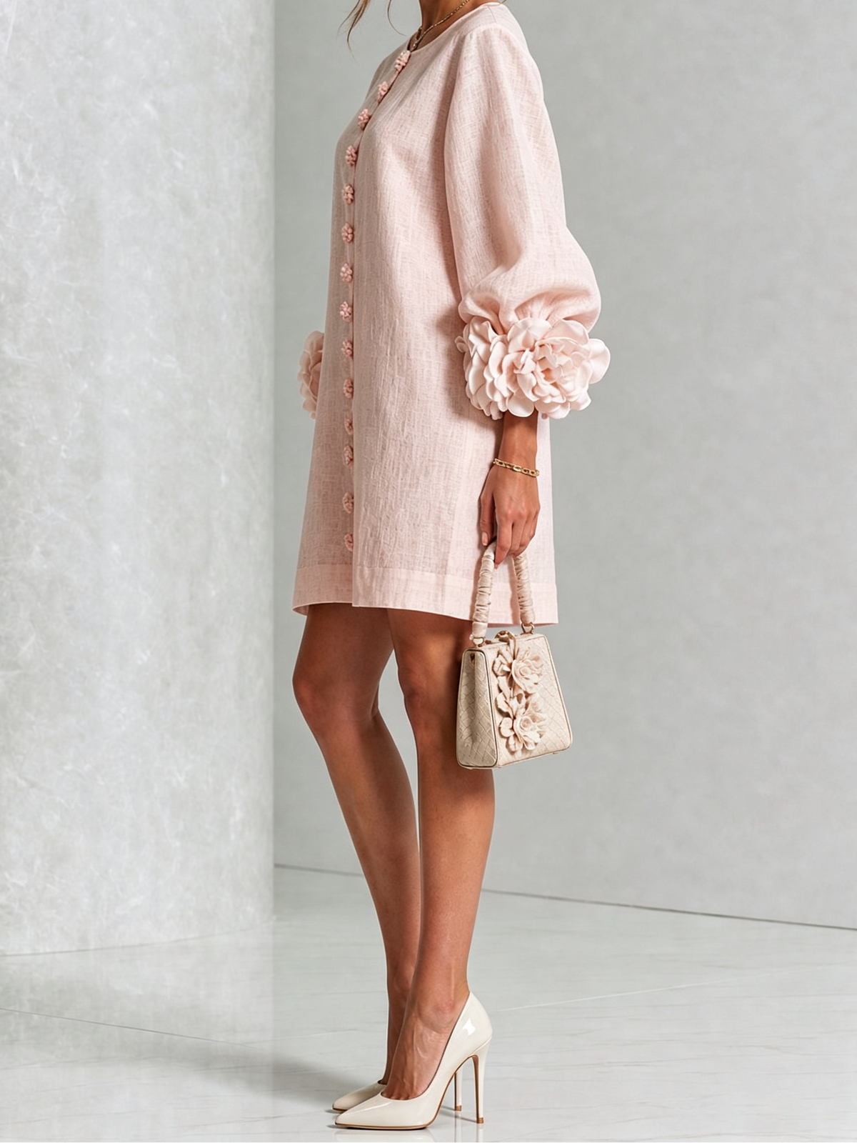 Round Neck Floral Applique Sleeve Button Front Linen Look Mini Dress