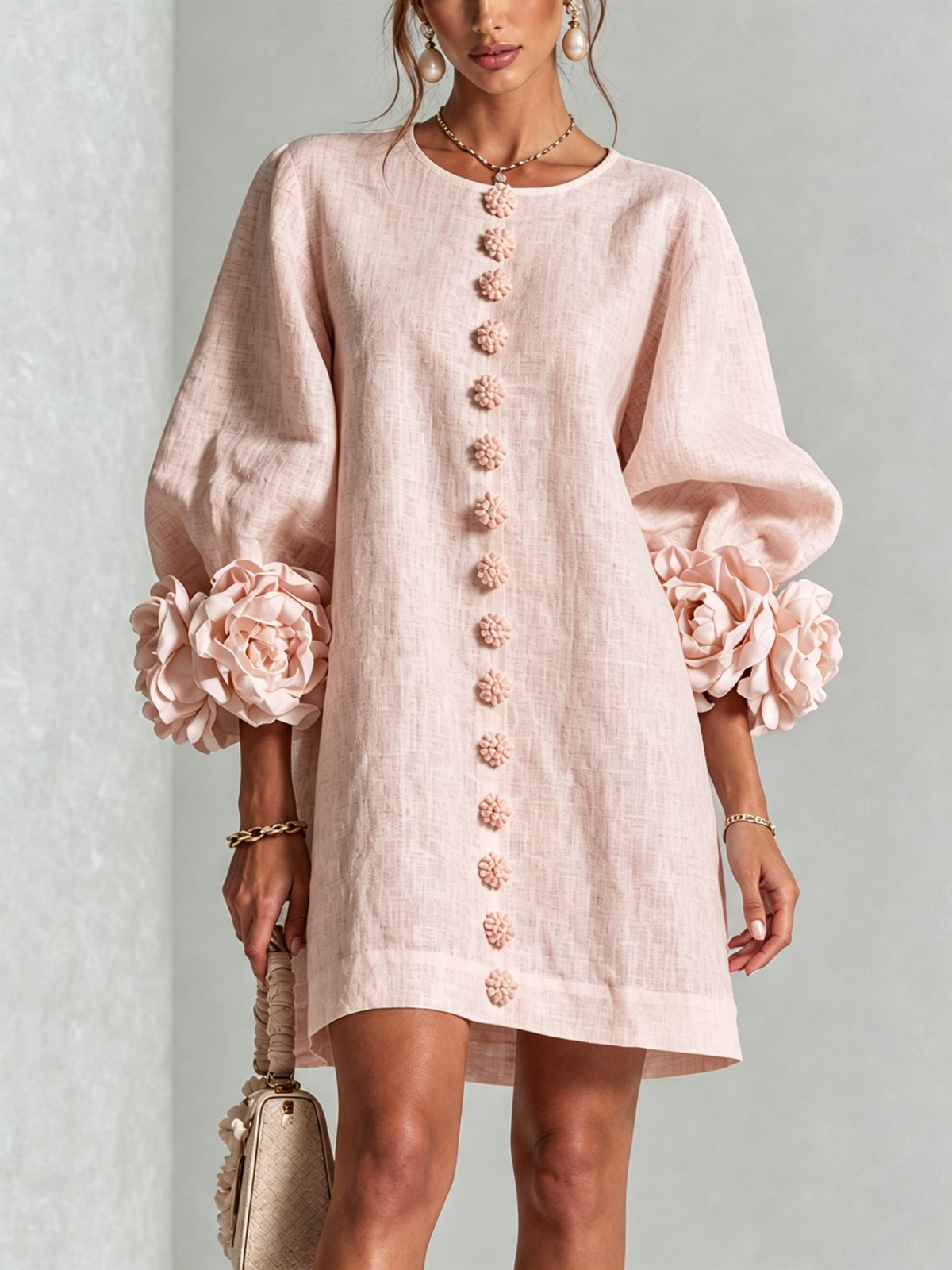 Floral Applique Puff Sleeve Button Front Linen Mini Dress