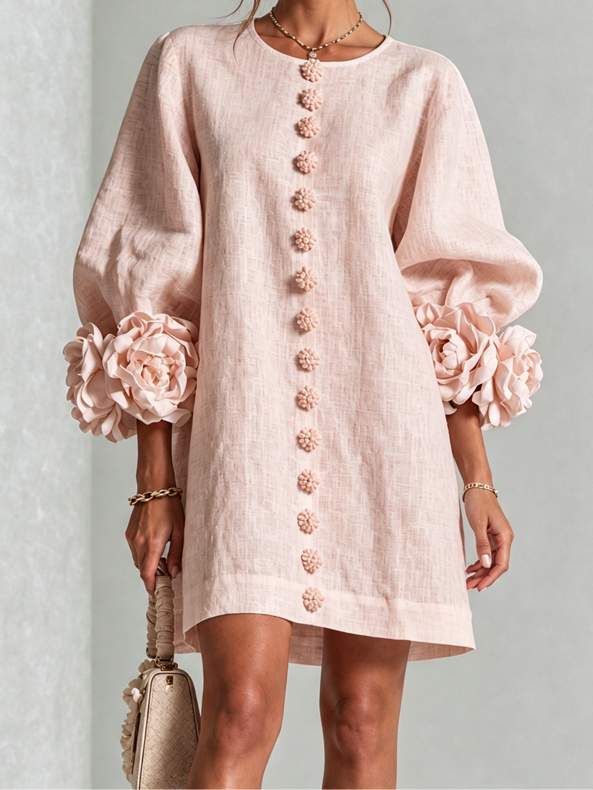Round Neck Floral Applique Sleeve Button Front Linen Look Mini Dress