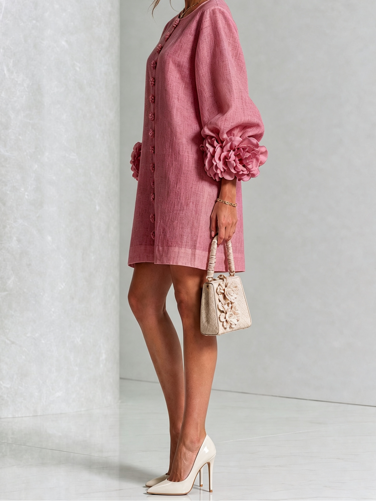 Round Neck Floral Applique Sleeve Button Front Linen Look Mini Dress