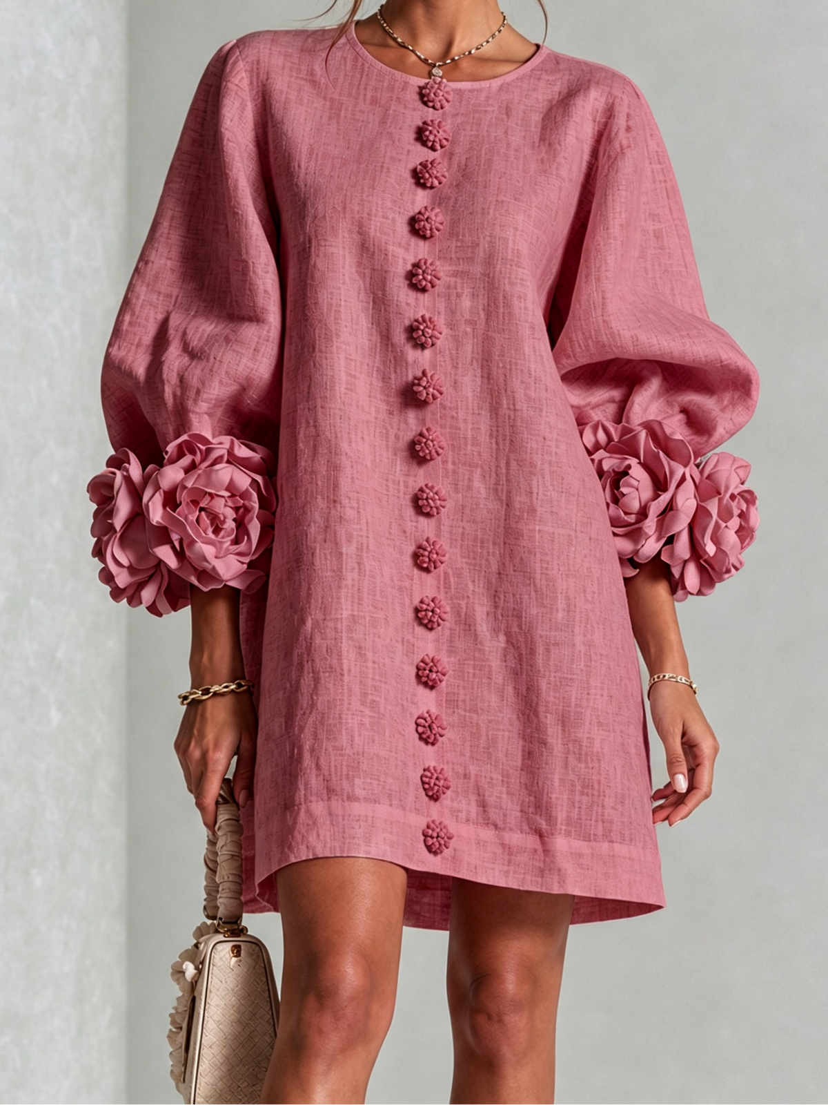Round Neck Floral Applique Sleeve Button Front Linen Look Mini Dress
