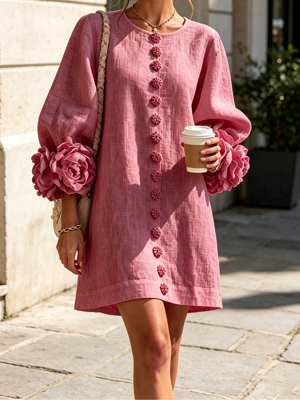 Round Neck Floral Applique Sleeve Button Front Linen Look Mini Dress