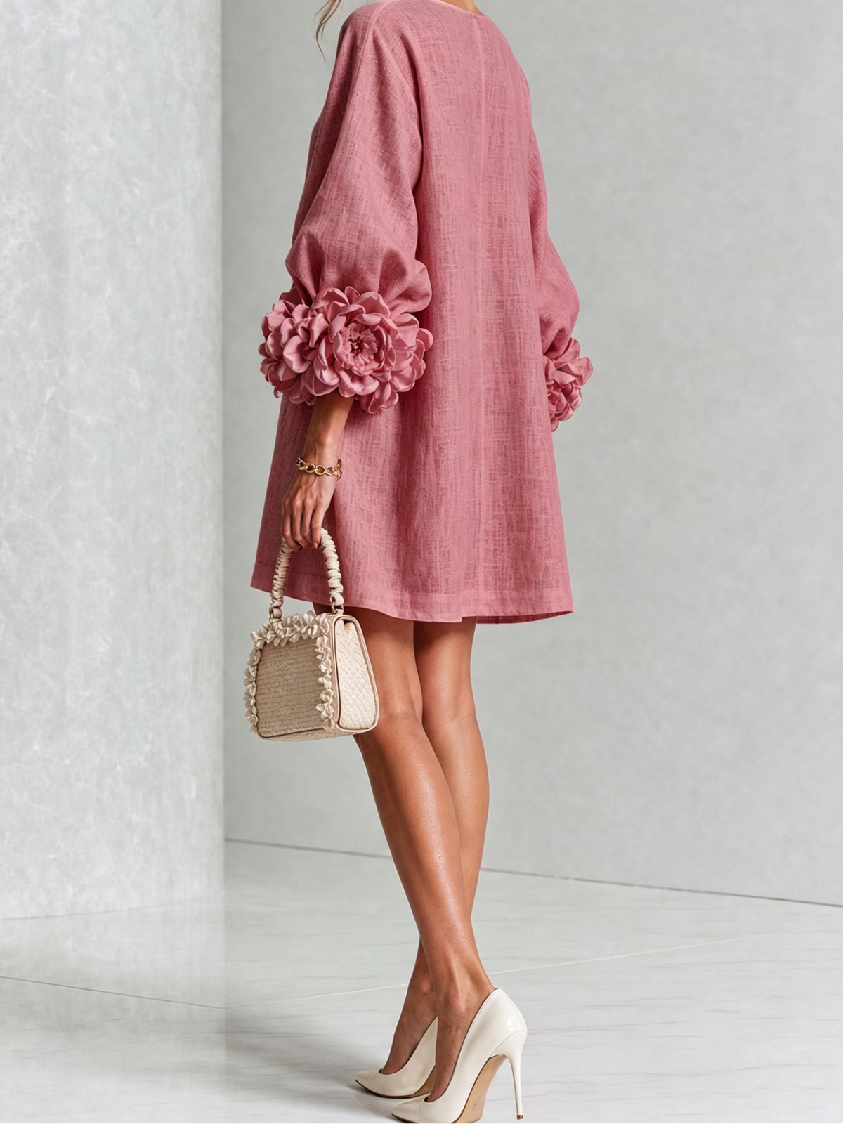 Round Neck Floral Applique Sleeve Button Front Linen Look Mini Dress