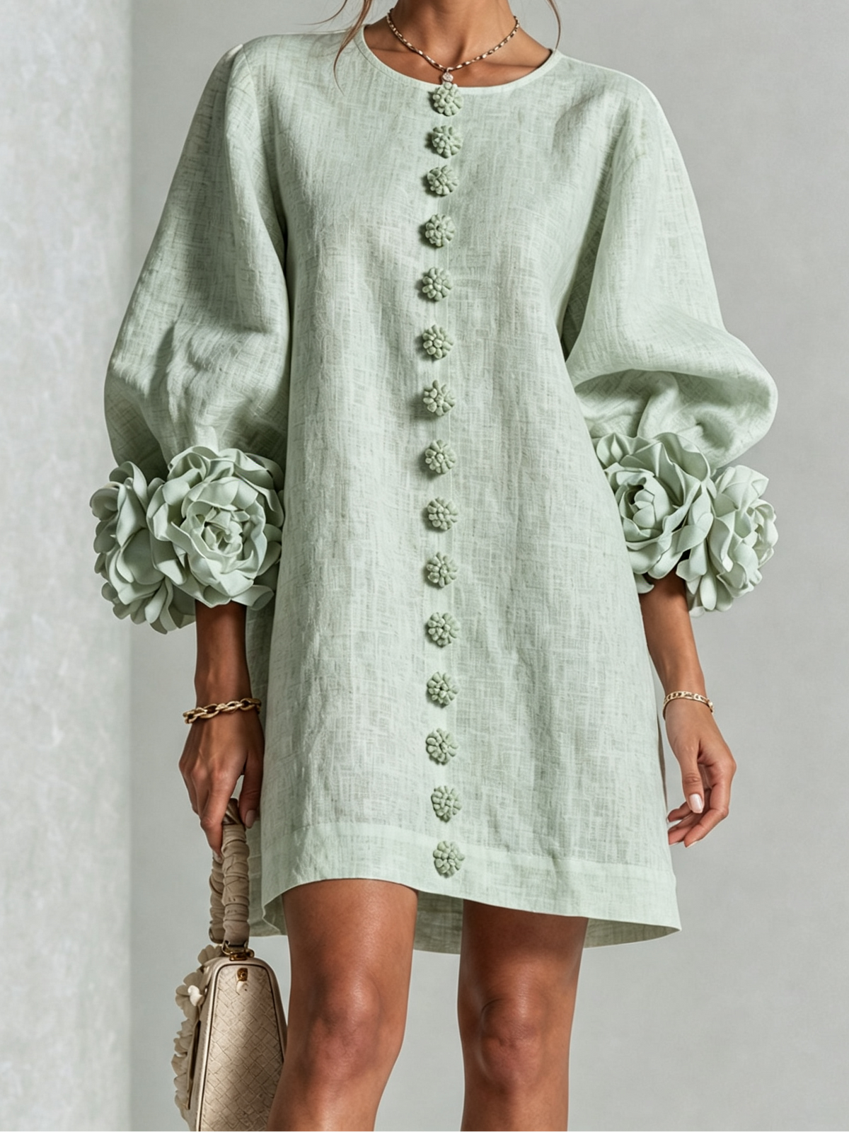 Round Neck Floral Applique Sleeve Button Front Linen Look Mini Dress