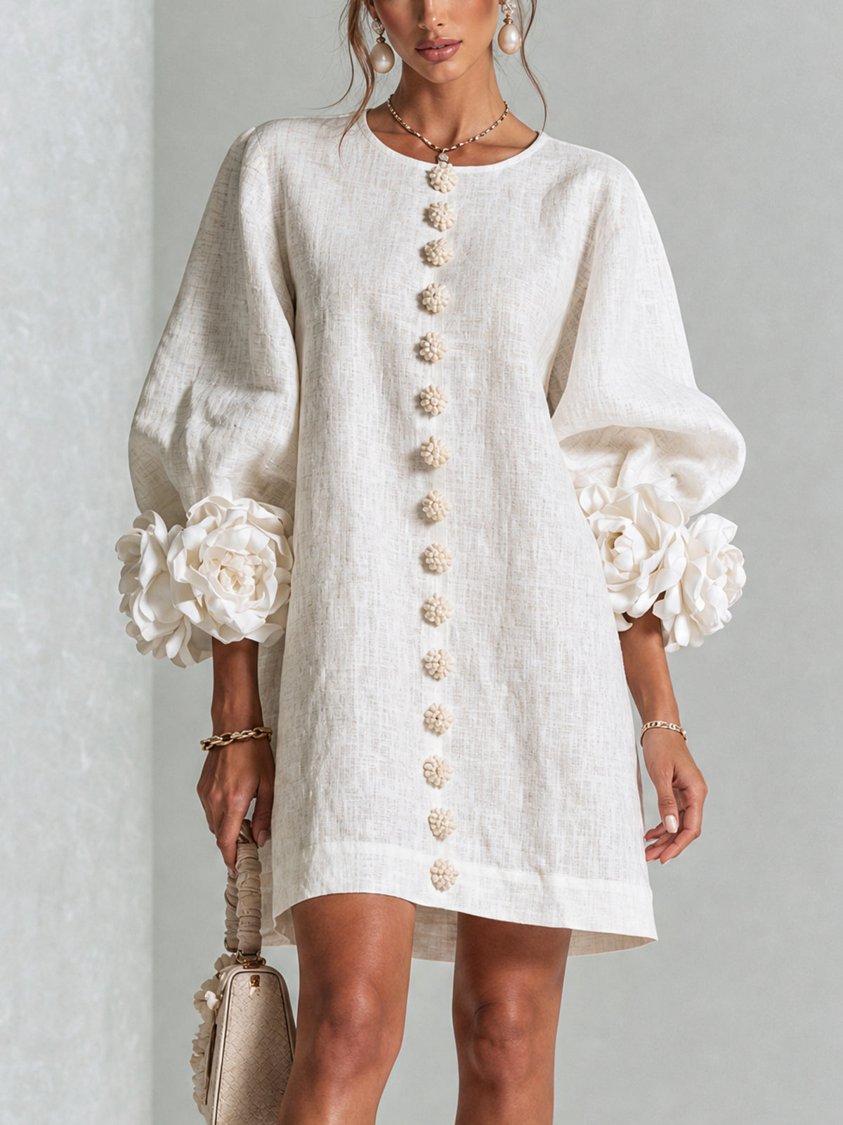 Floral Applique Puff Sleeve Button Front Linen Mini Dress