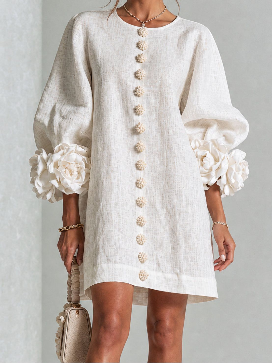 Round Neck Floral Applique Sleeve Button Front Linen Look Mini Dress