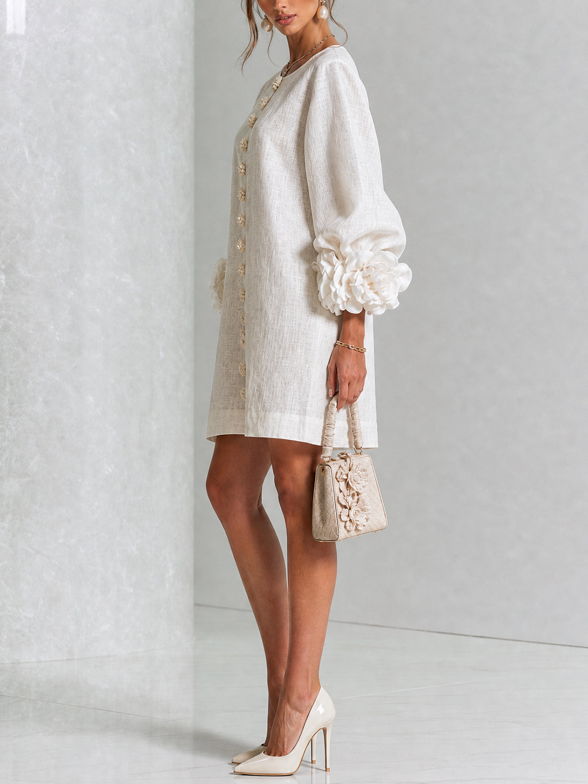 Floral Applique Puff Sleeve Button Front Linen Mini Dress