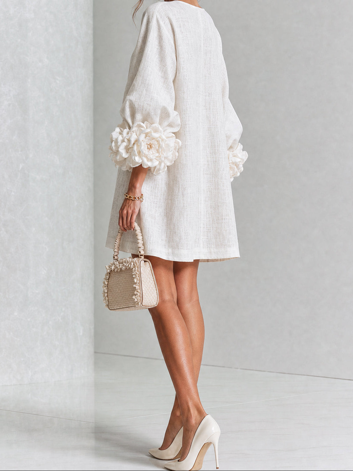 Round Neck Floral Applique Sleeve Button Front Linen Look Mini Dress