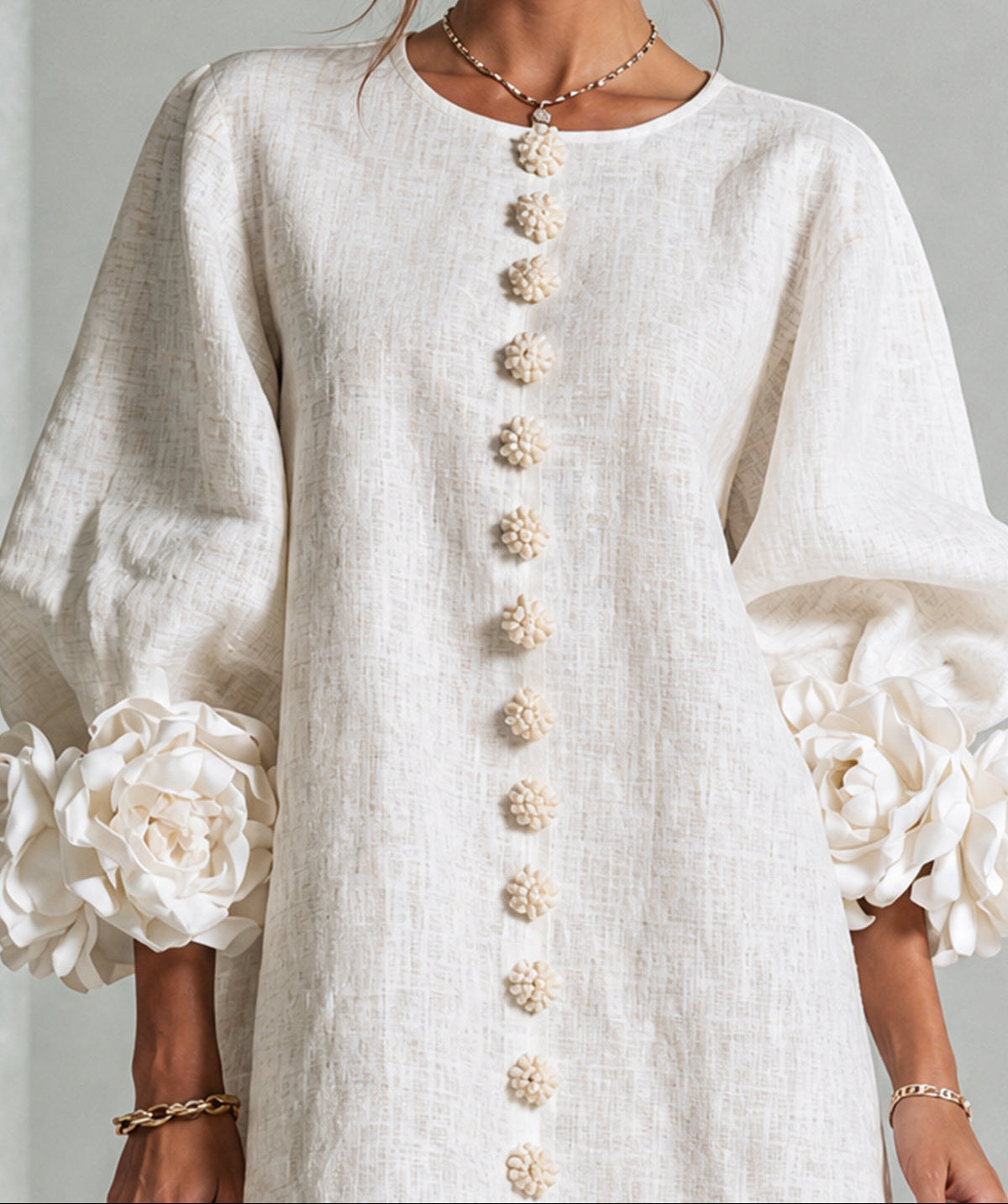 Round Neck Floral Applique Sleeve Button Front Linen Look Mini Dress