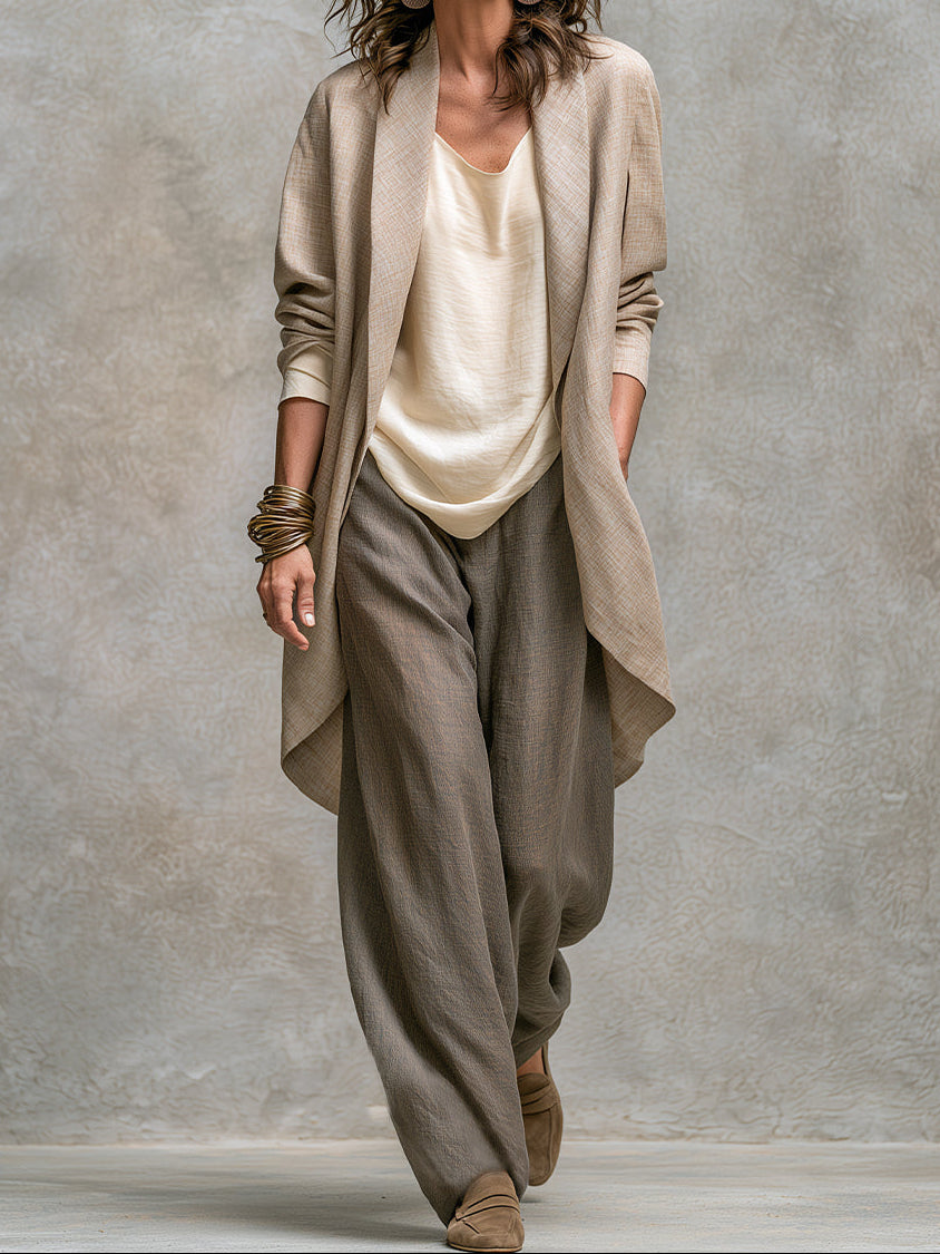 Draped Open Front Jacket Cami and Wide Leg Pants Three Piece Set