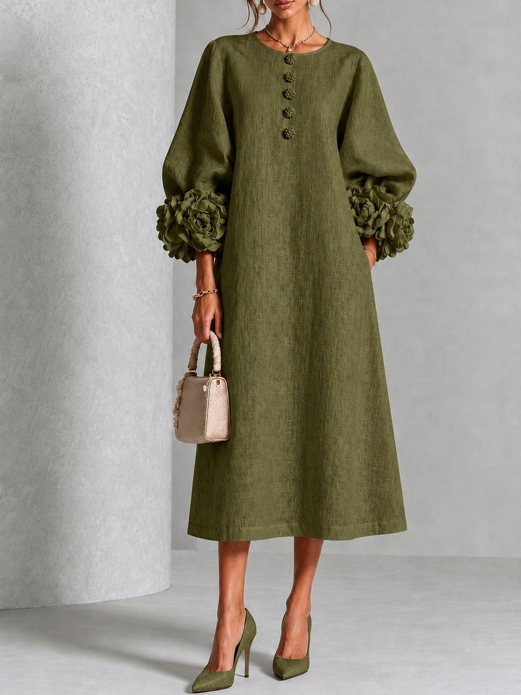 Olivia | Buttoned Floral Dress Olive