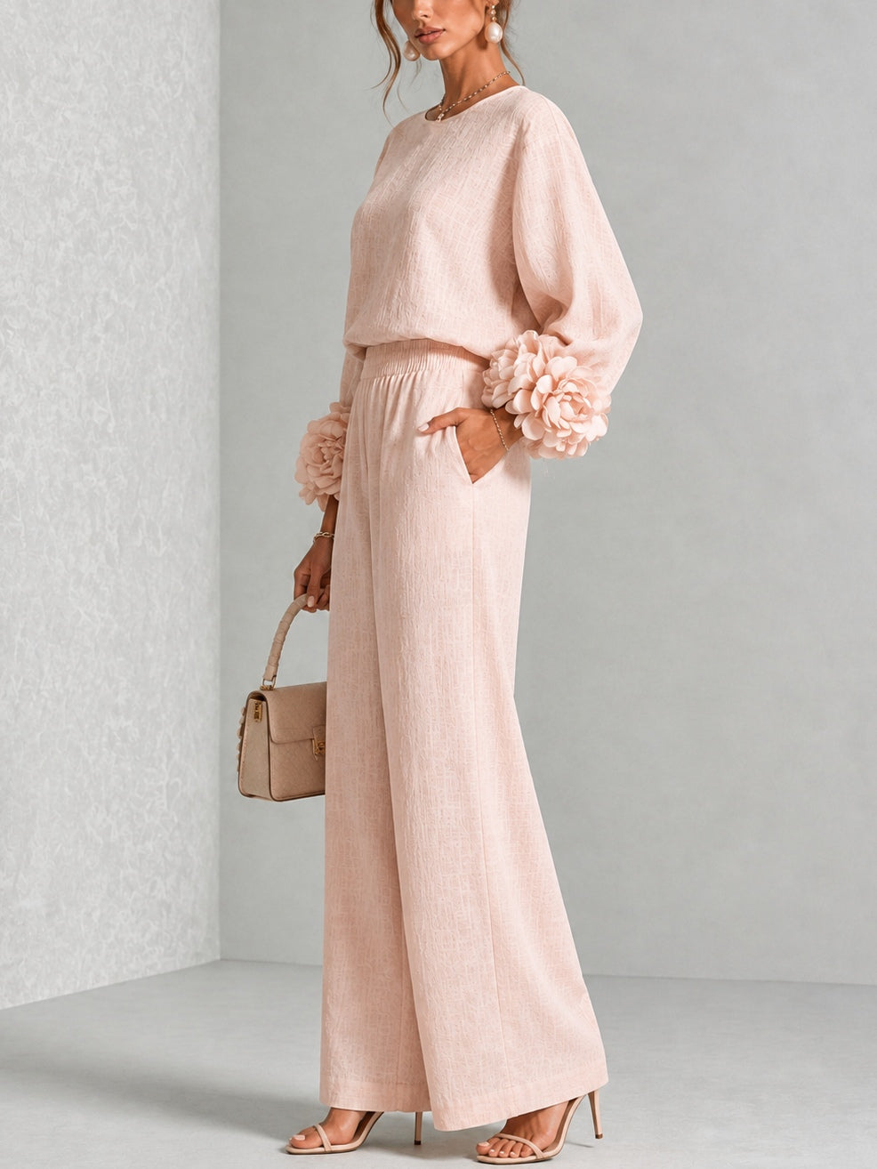 Floral Cuff Long Sleeve Top and Wide Leg Pants Two Piece Set