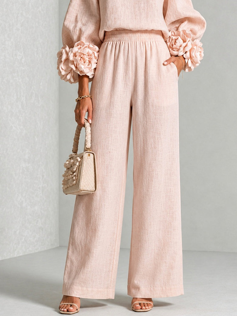 Floral Cuff Long Sleeve Top and Wide Leg Pants Two Piece Set