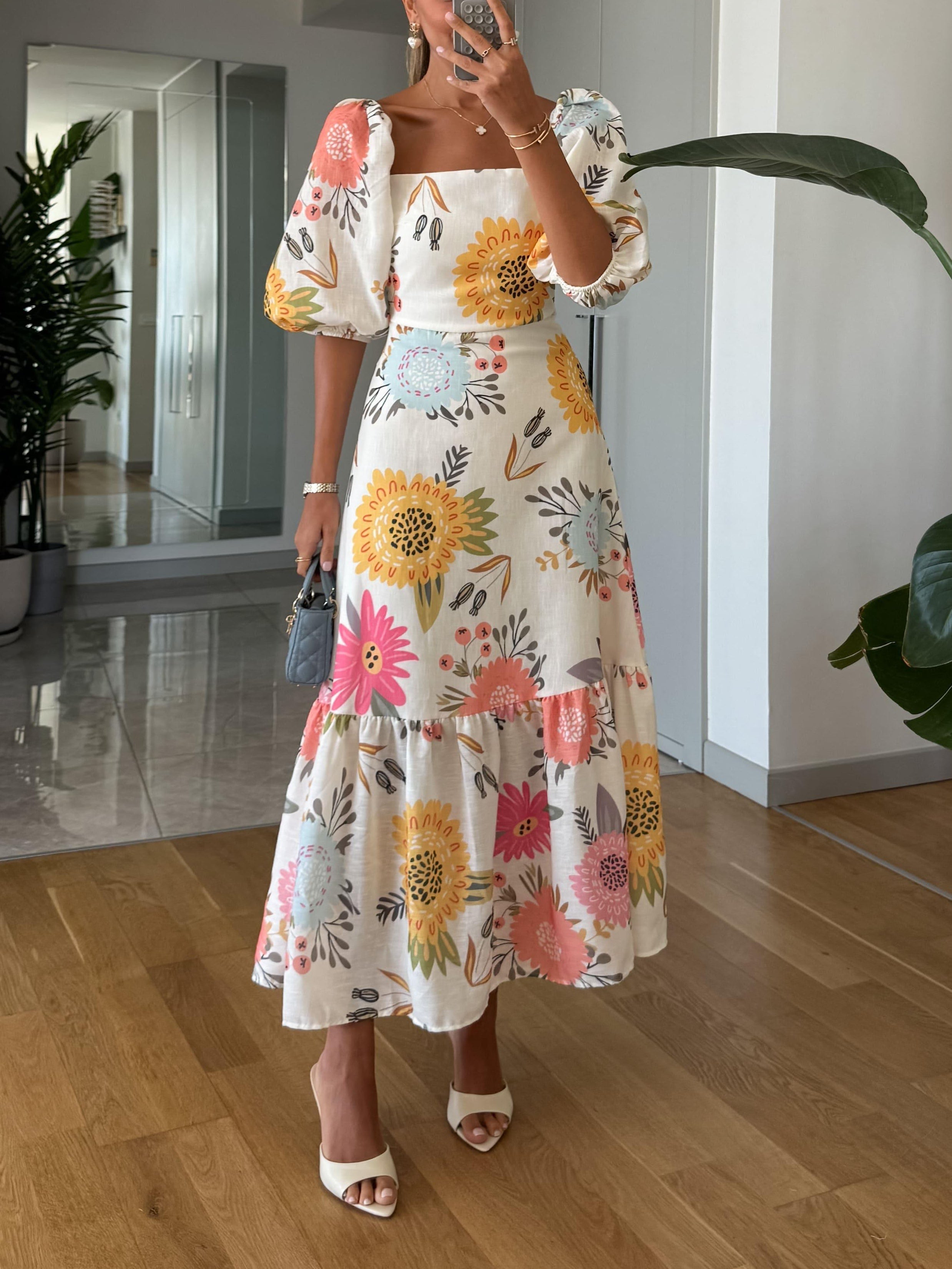 Emma - Square Neck Floral Print Puff Sleeve Midi Dress Multicolor