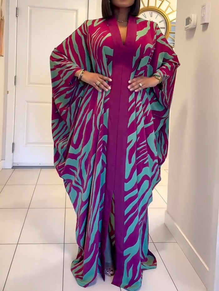 Zebra Print V-Neck Batwing Sleeve Robe Maxi Dress Purple