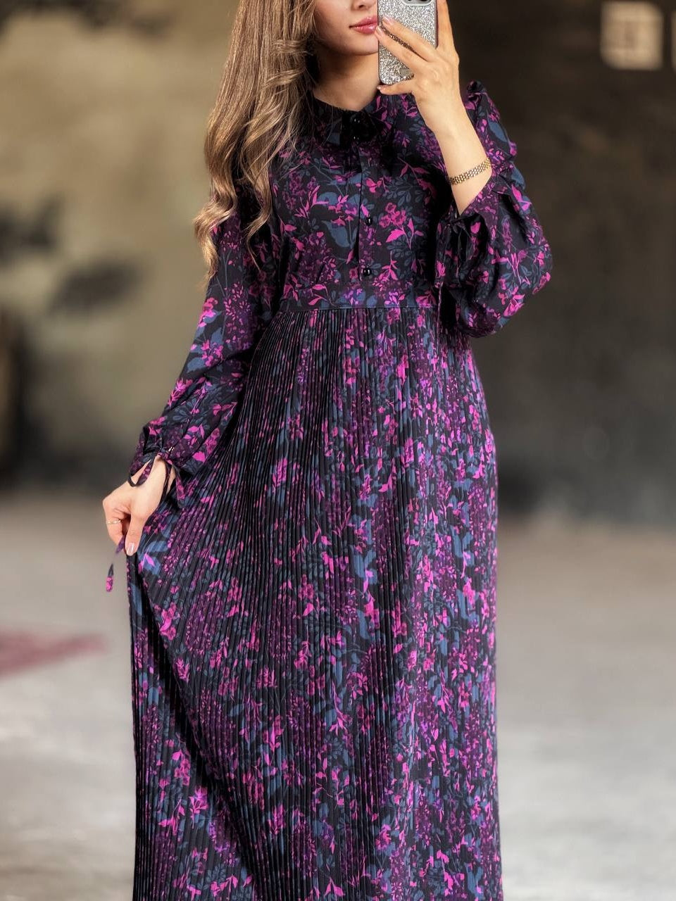 Elegant Floral Print Pleated Shirt Maxi Dress Purple