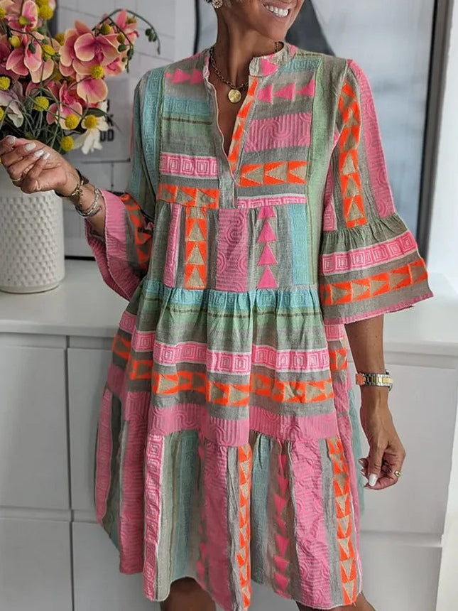 Elegant Patchwork Printed V-neck Three-quarter Sleeve Dress Multicolor