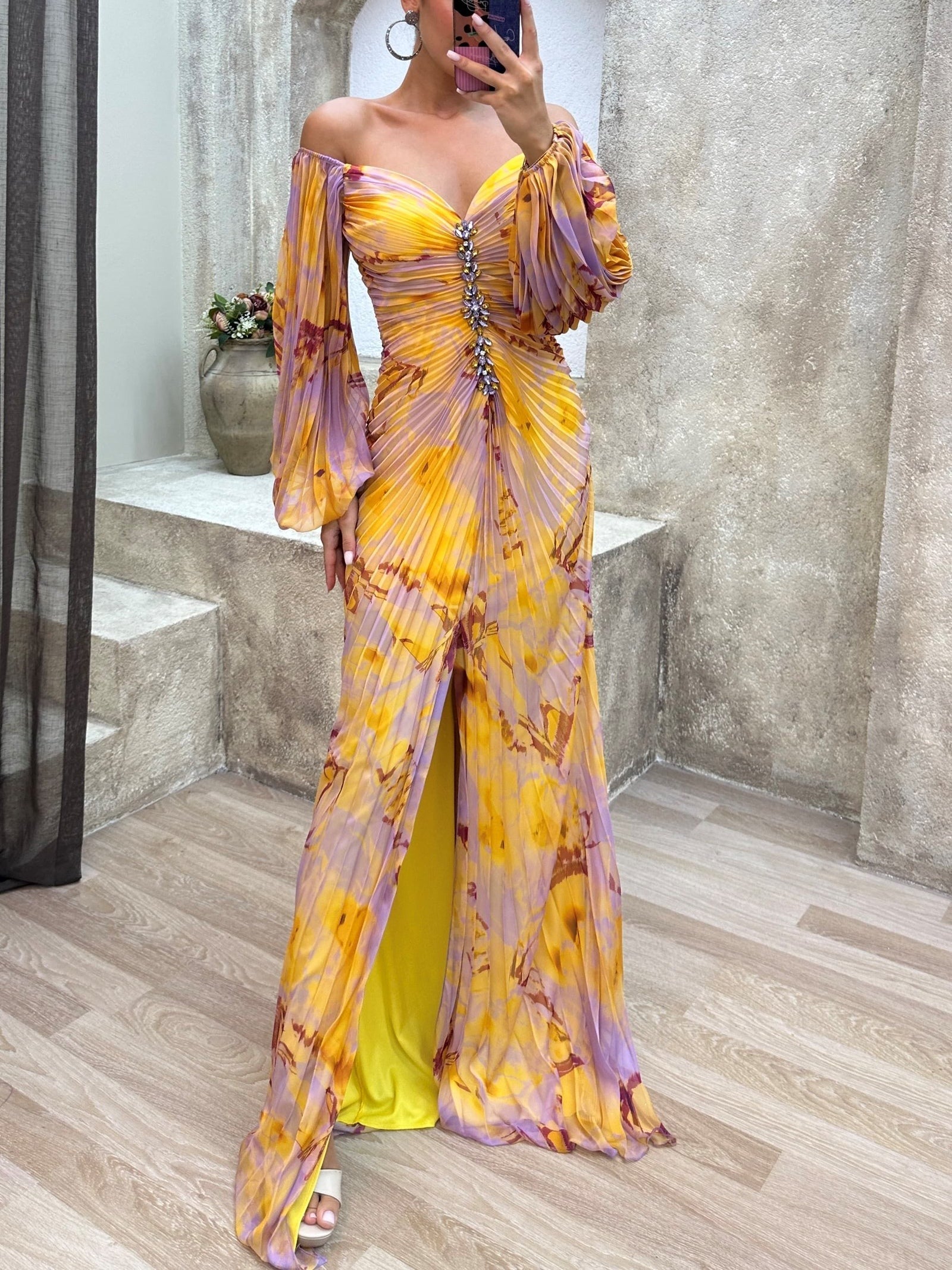 Off-the-shoulder Diamond-embellished Pleated Fitted Slit Maxi Dress Yellow